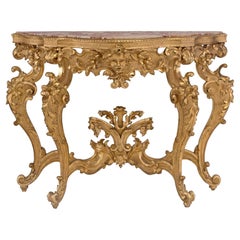 Console baroque italienne du 19ème siècle sur pied en bois doré et marbre