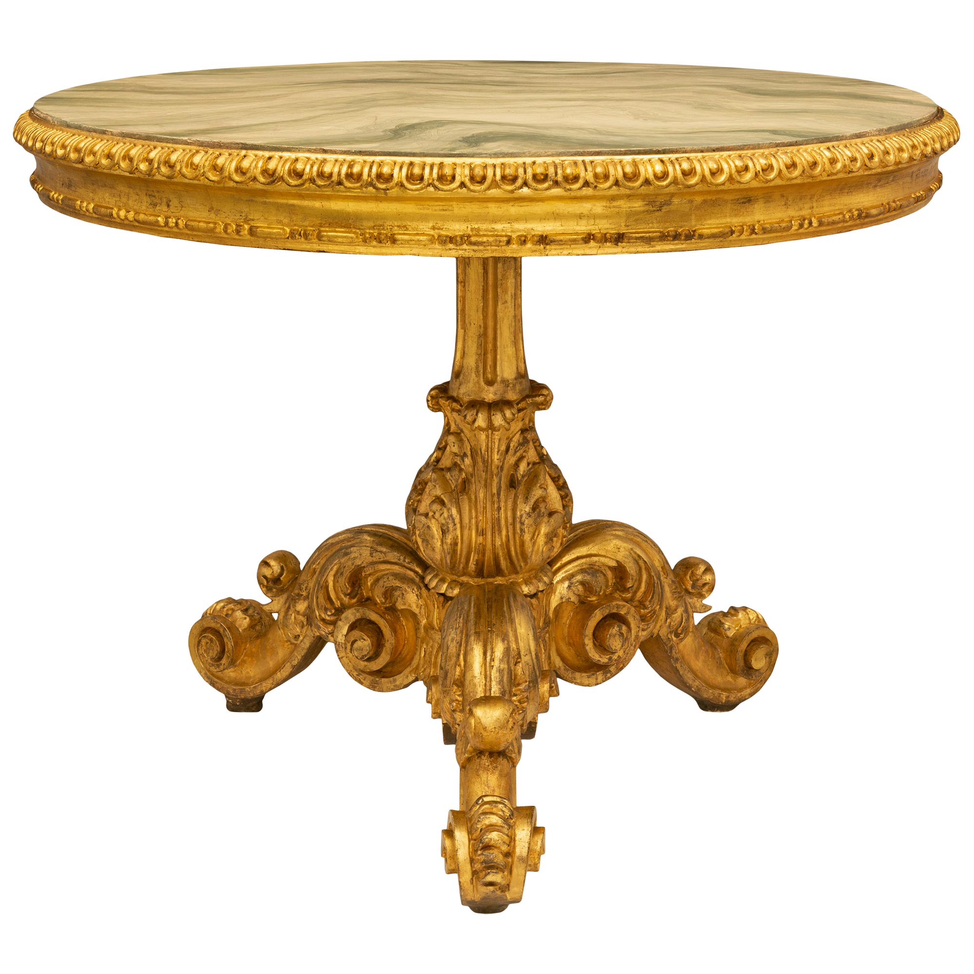 Table centrale baroque italienne du 19ème siècle en bois doré et faux marbre peint