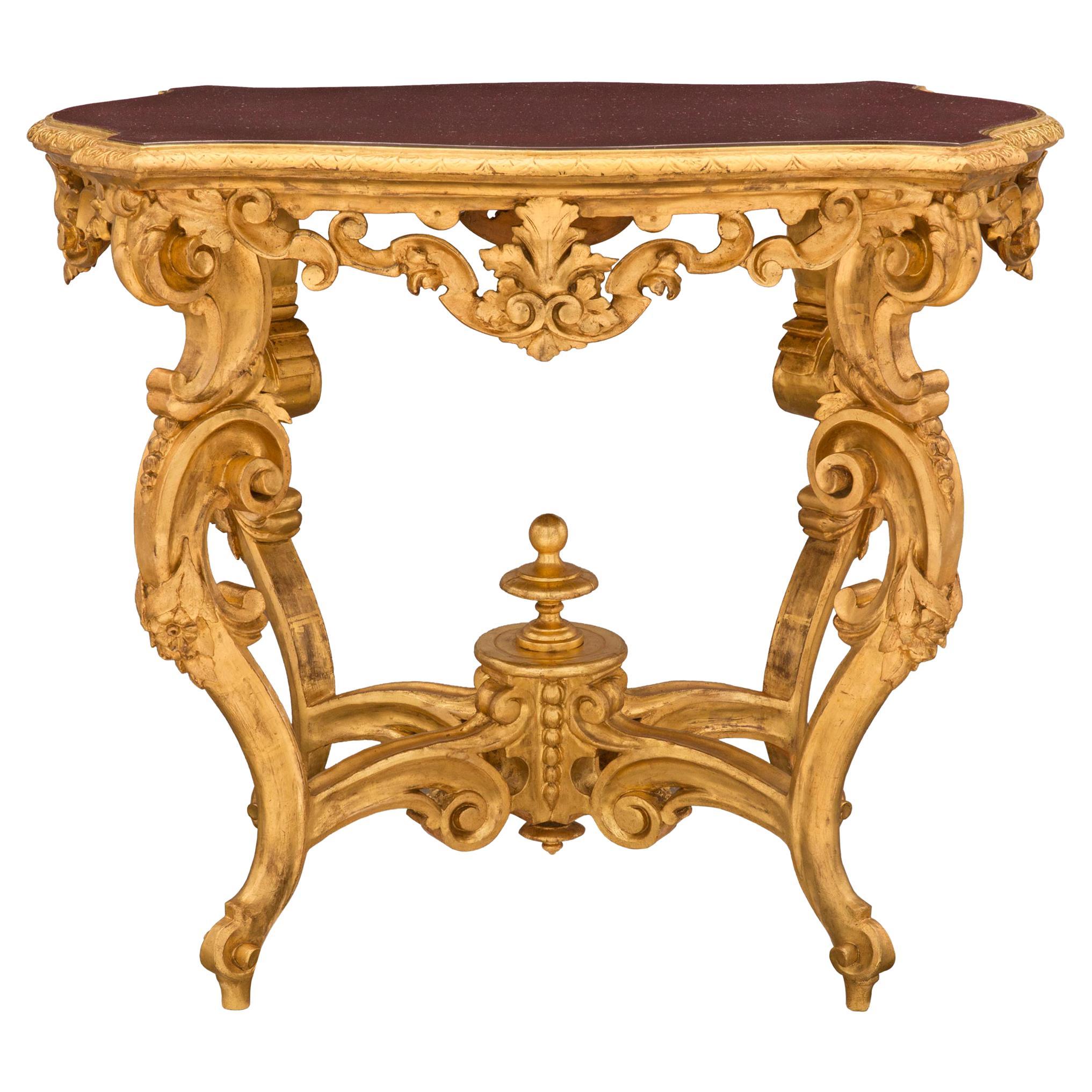 Tavolo da centro barocco italiano del XIX secolo in legno di San Gilt e porfido dipinto a finto colore