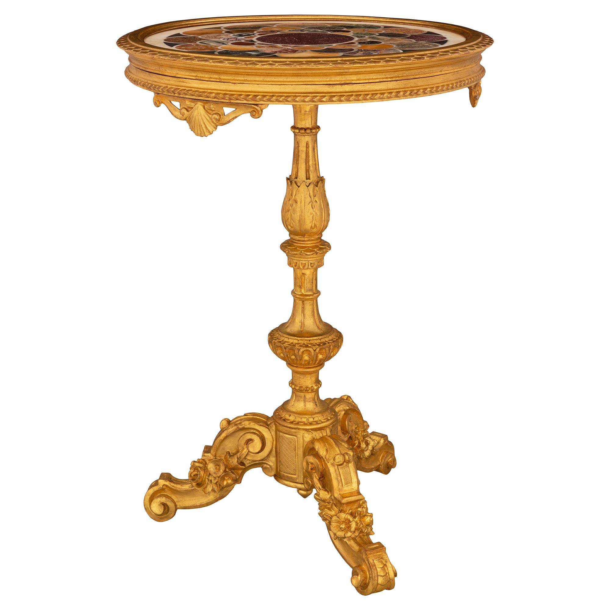 Italian 19th Century Baroque St. Giltwood and Inlaid Specimen Marble Side Table In Good Condition In West Palm Beach, FL
