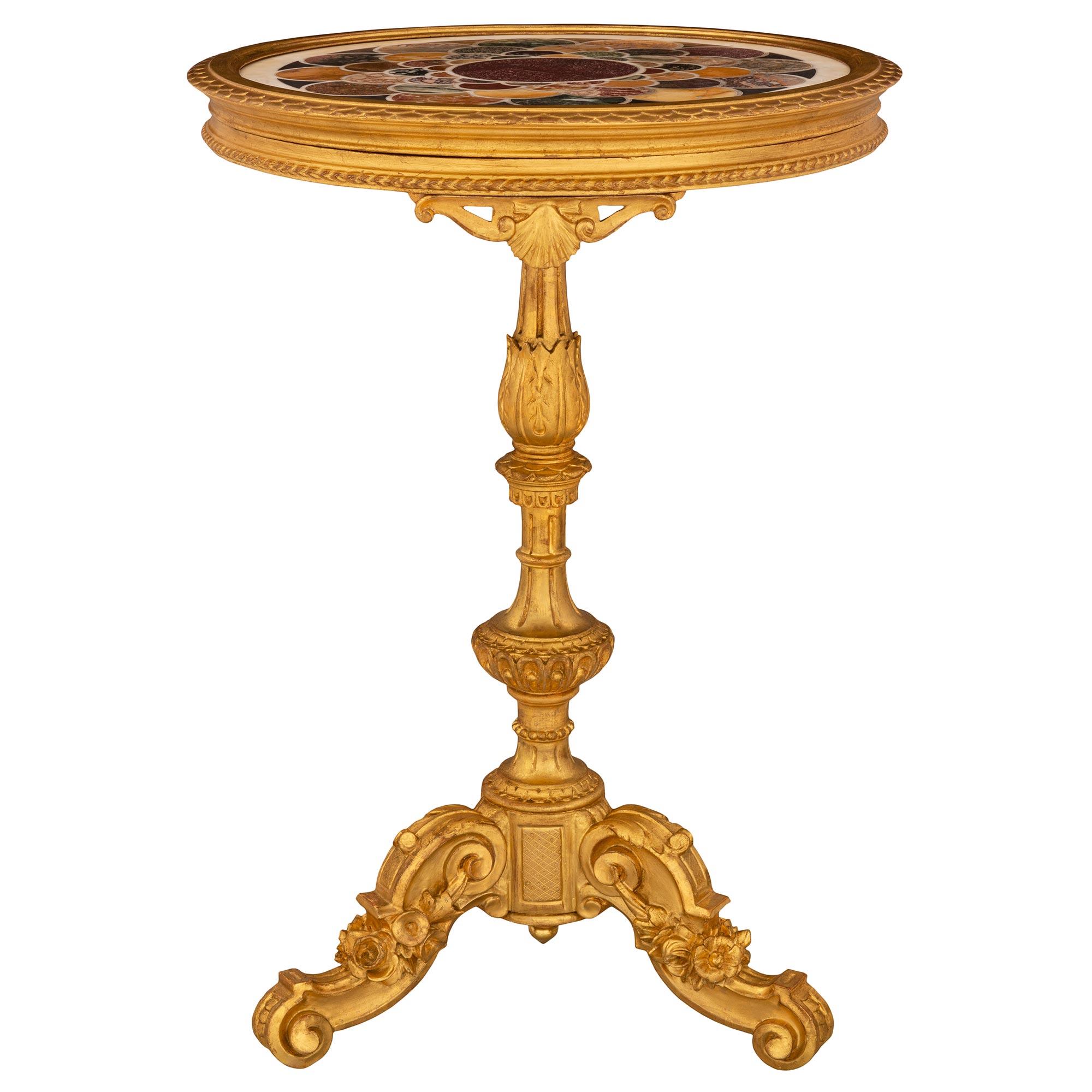 Italian 19th Century Baroque St. Giltwood and Inlaid Specimen Marble Side Table 1