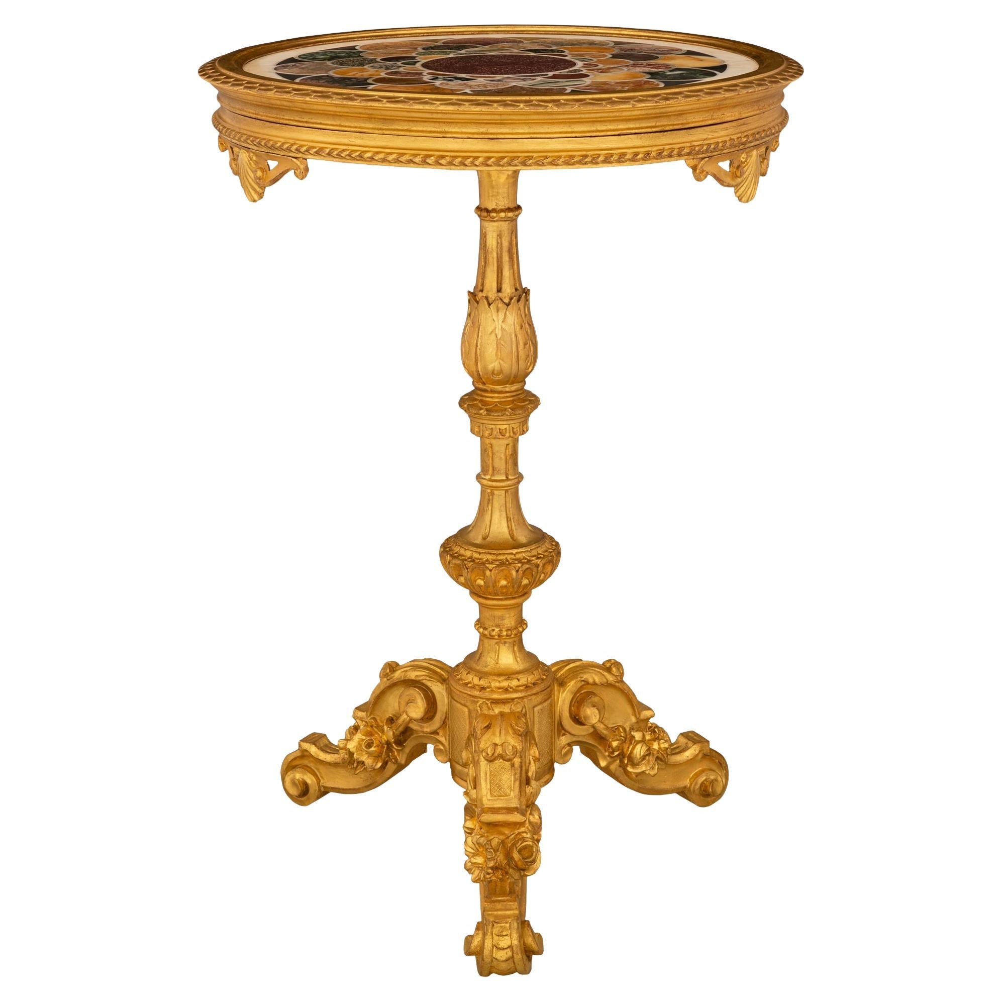 Italian 19th Century Baroque St. Giltwood and Inlaid Specimen Marble Side Table