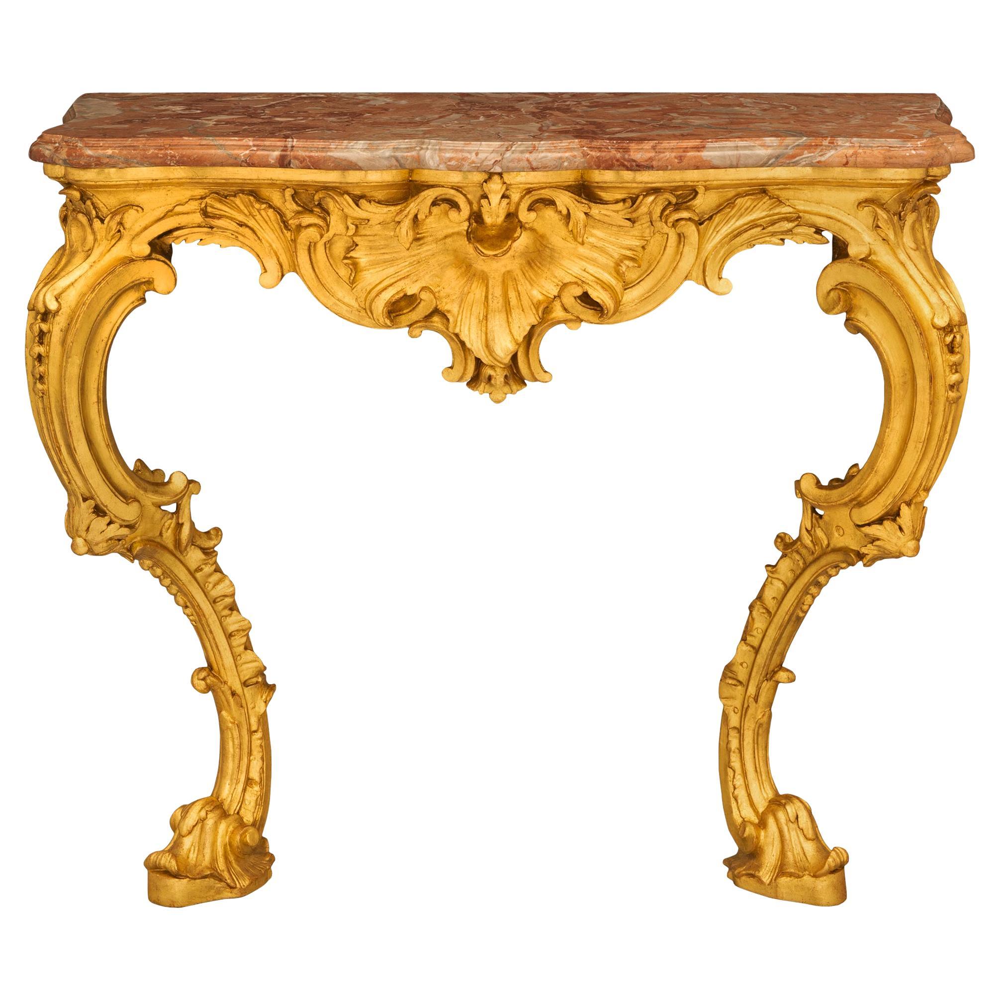 Console baroque italienne du 19ème siècle en bois doré et marbre Sarrancolin