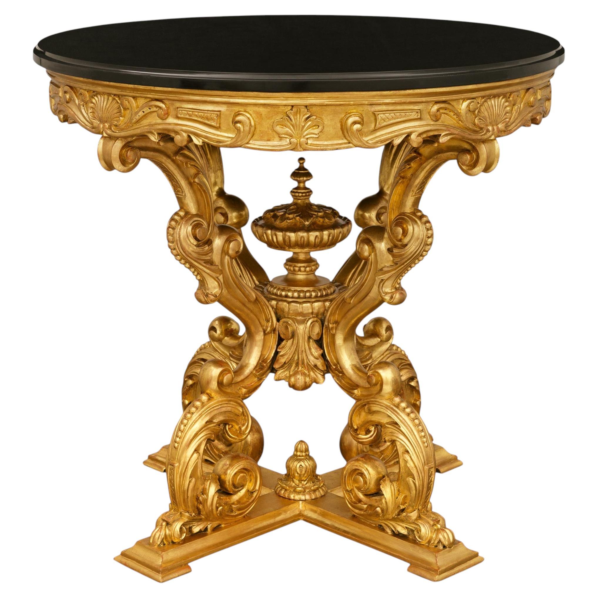 Italian 19th century Baroque st. Giltwood & black Belgian marble center table