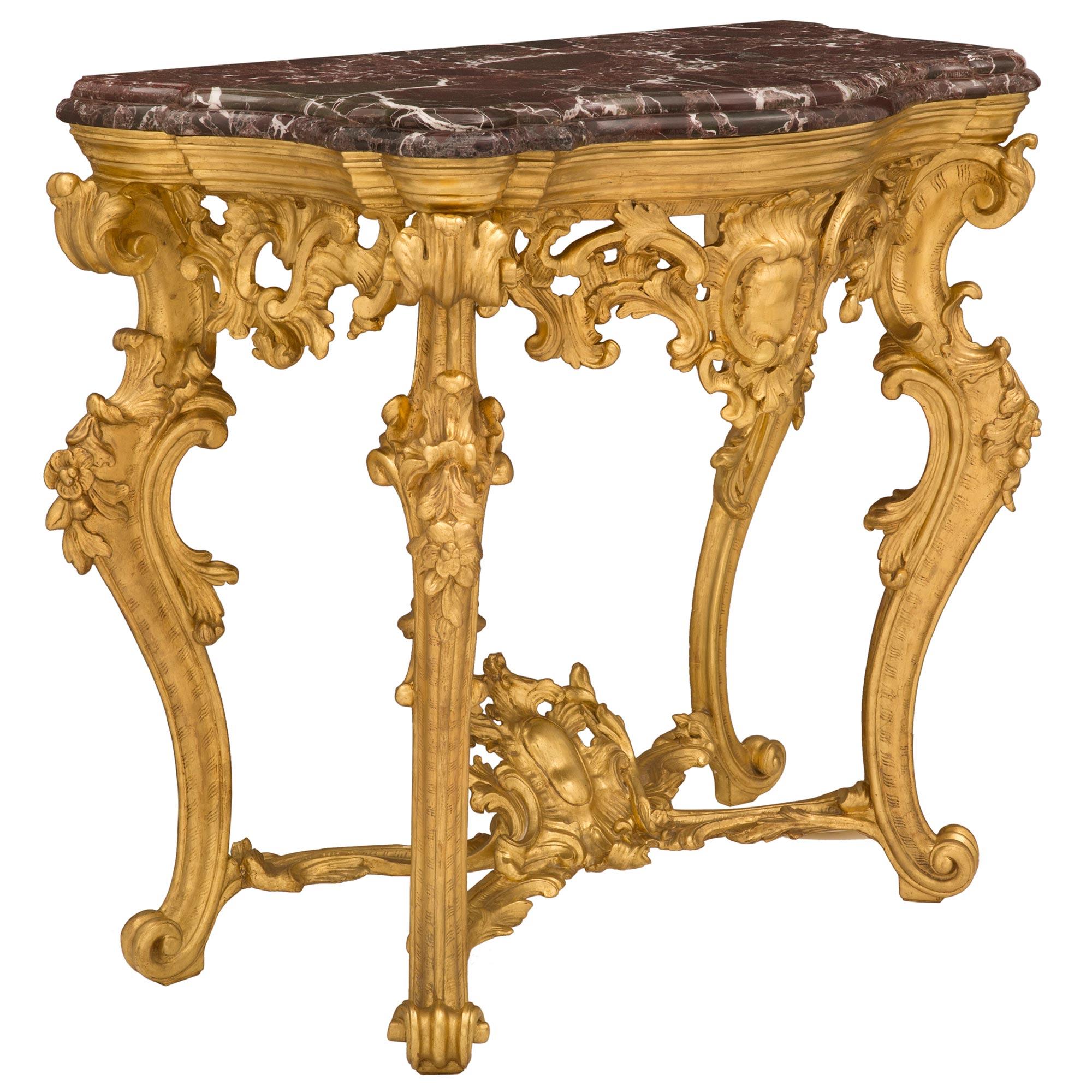 Marble Italian 19th Century Baroque St. Giltwood Console and Matching Mirror For Sale