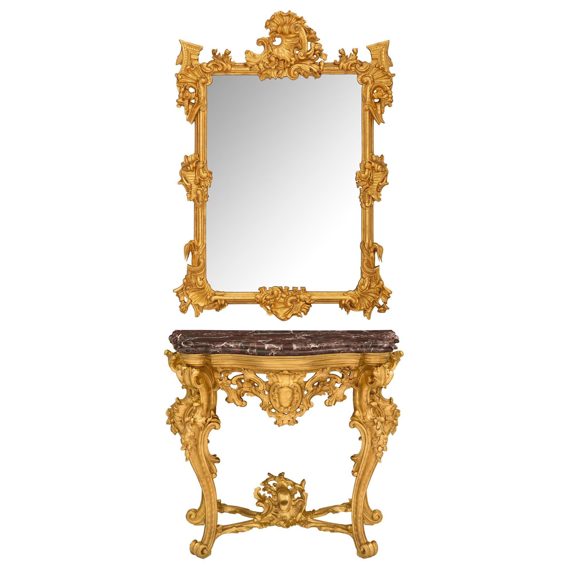 Italian 19th Century Baroque St. Giltwood Console and Matching Mirror