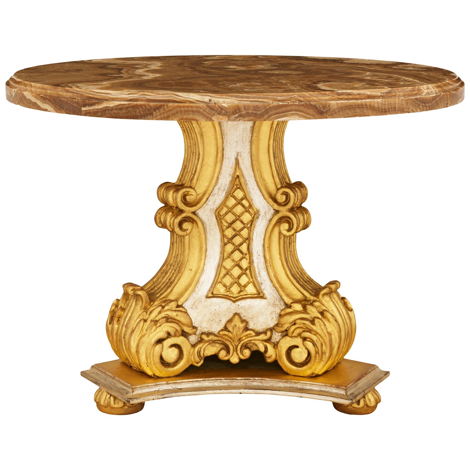 Baroque Table basse baroque italienne du 19e siècle en bois doré, méca et onyx en vente