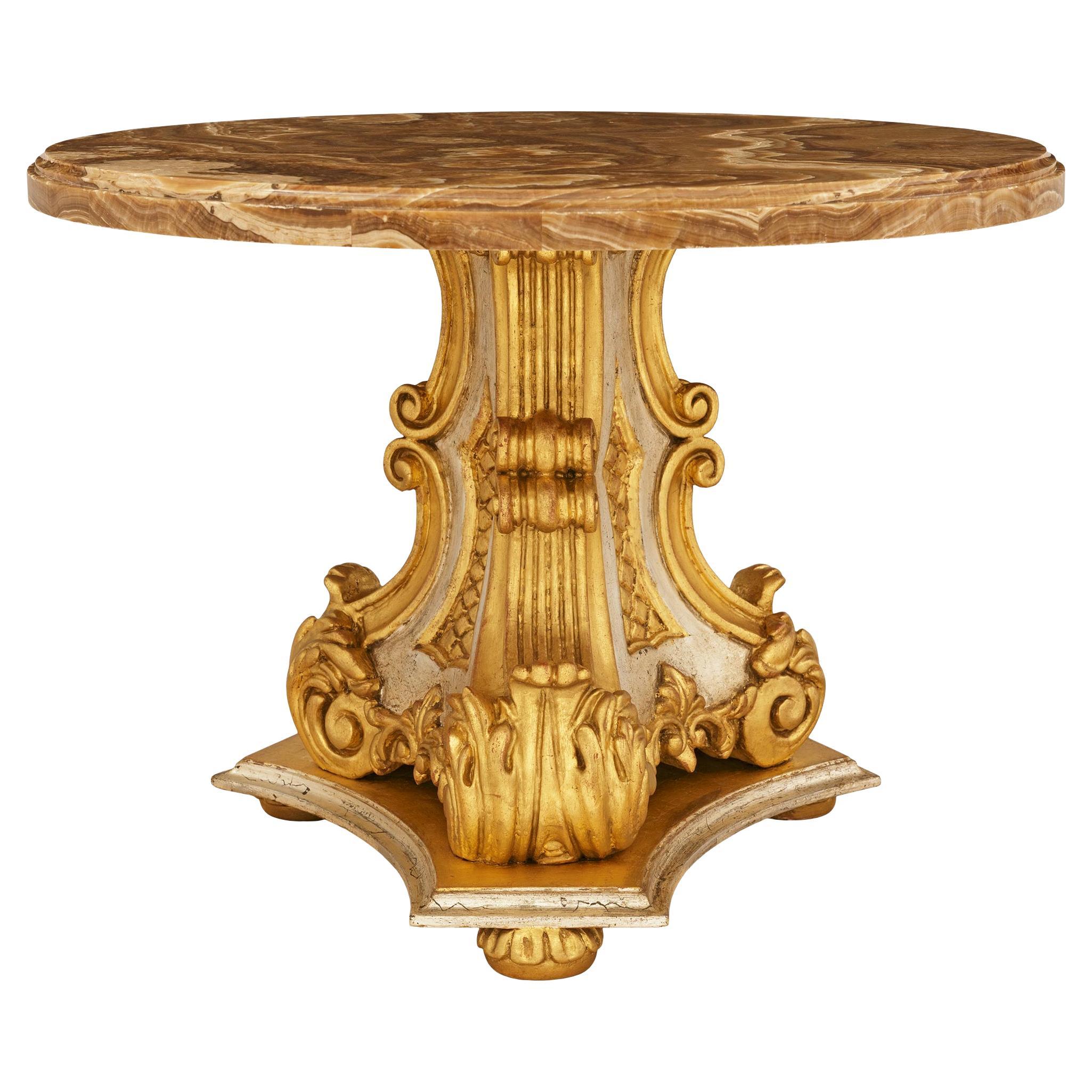 Italienischer Barock-Couchtisch aus vergoldetem Holz, Mekka- und Onyx aus dem 19. Jahrhundert