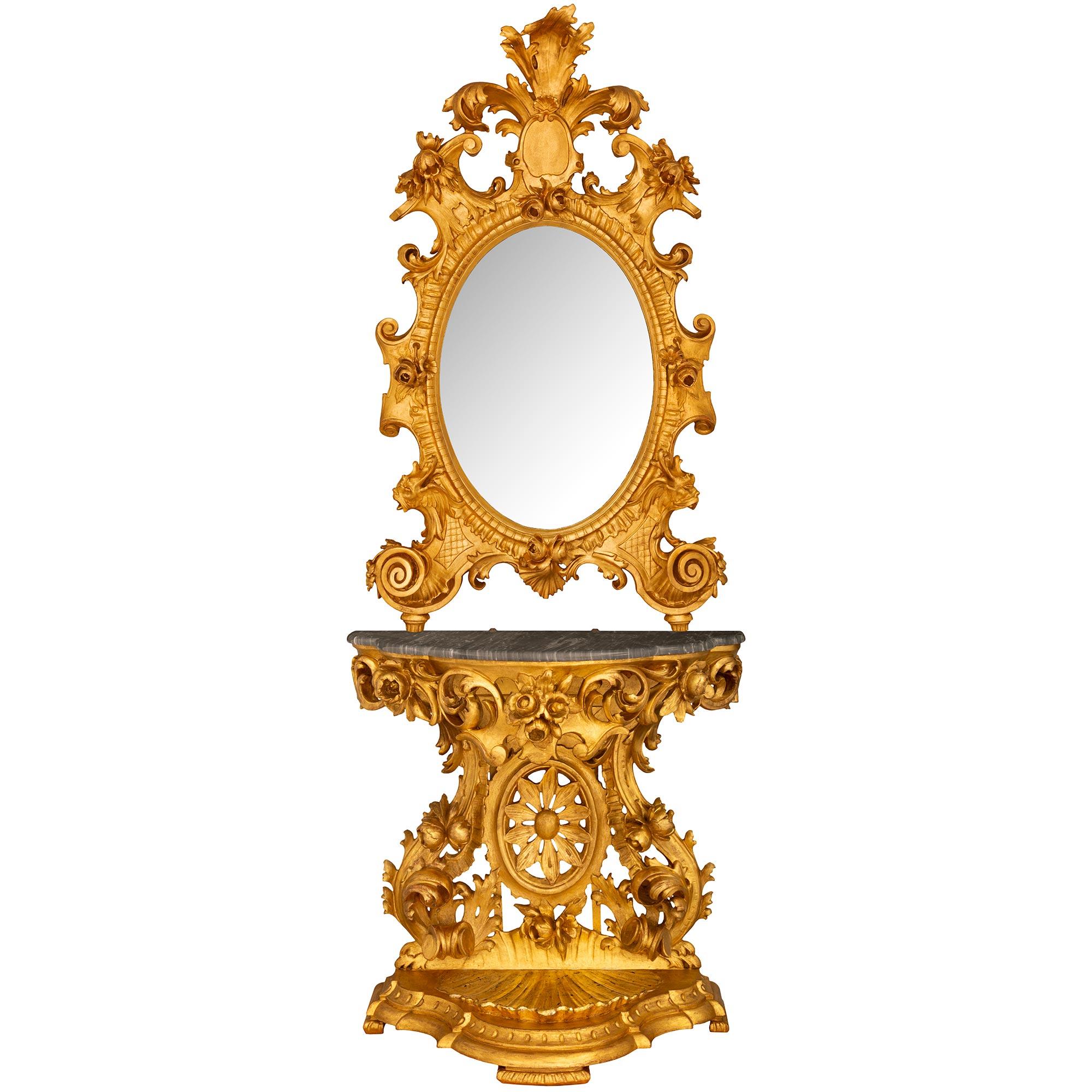 Italian 19th century Baroque st. Giltwood Mirror and Console In Good Condition For Sale In West Palm Beach, FL
