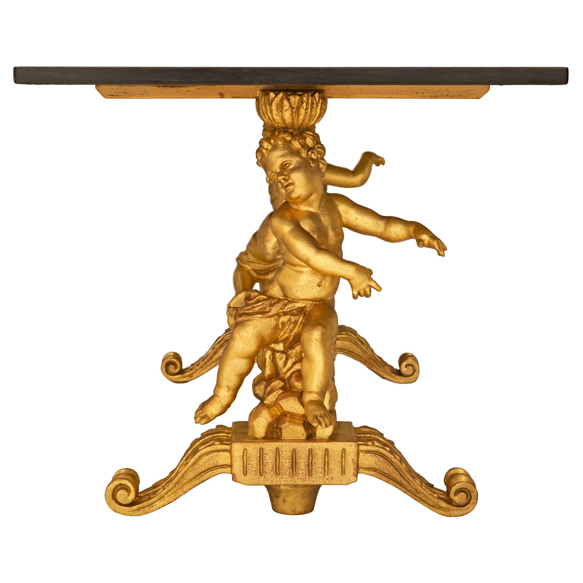 Italienischer Barock-Couchtisch aus vergoldetem Holz und patiniertem Holz, 19. Jahrhundert (Stuckmarmor) im Angebot