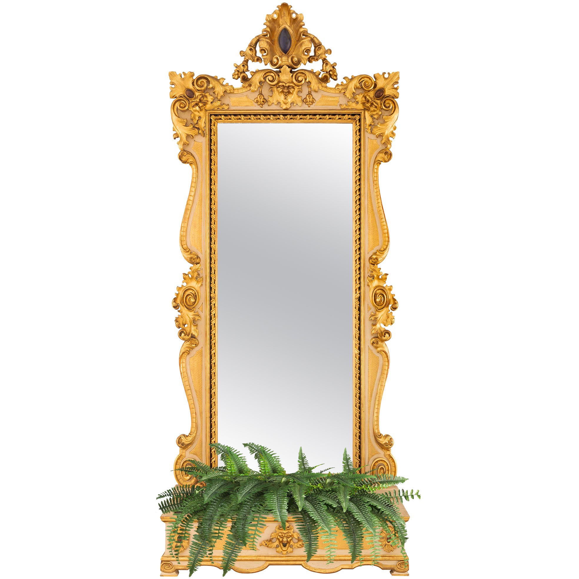 Miroir et jardinière baroque italien du 19ème siècle en bois patiné et bois doré en vente