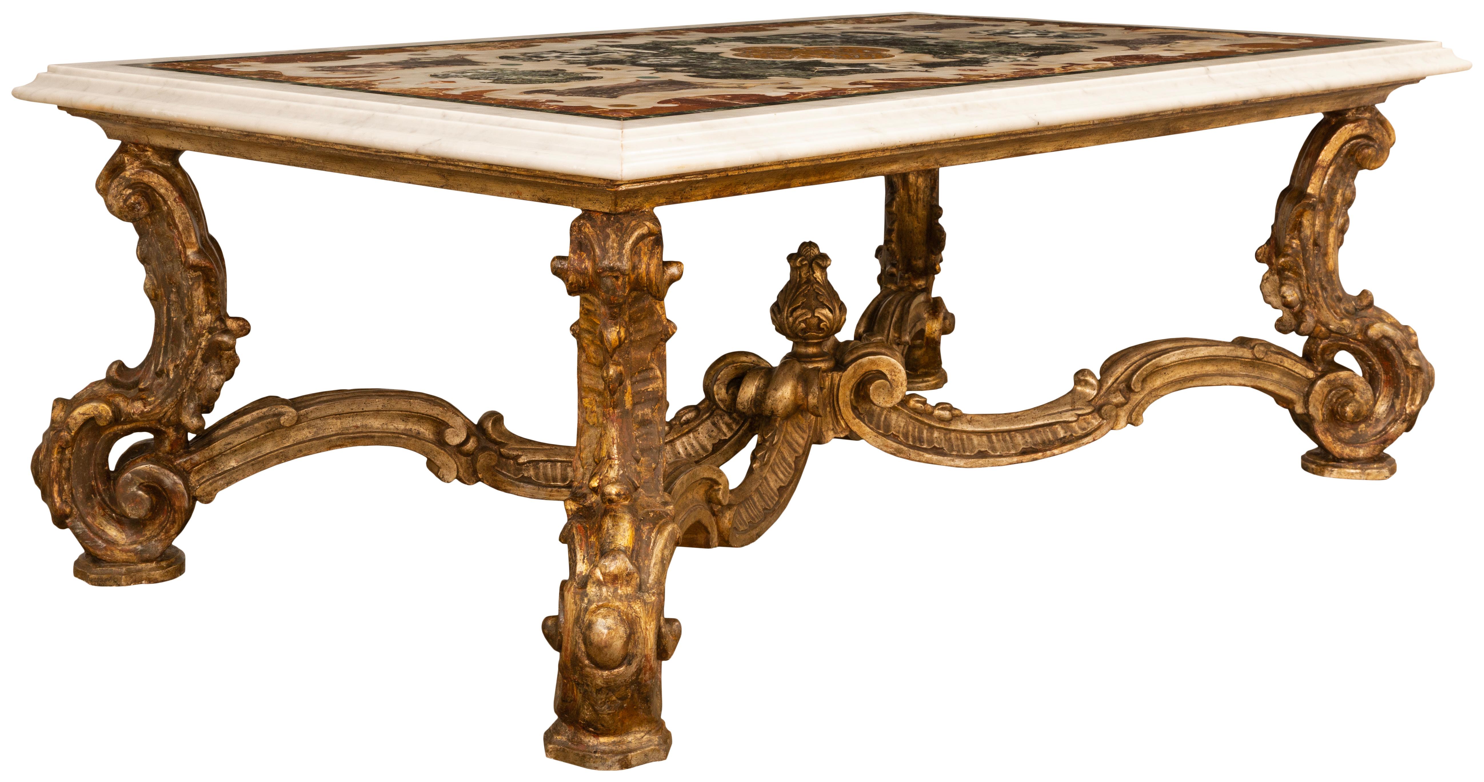 Table basse baroque italienne du 19ème siècle en marbre Pietra Dura et Mecca Bon état - En vente à West Palm Beach, FL