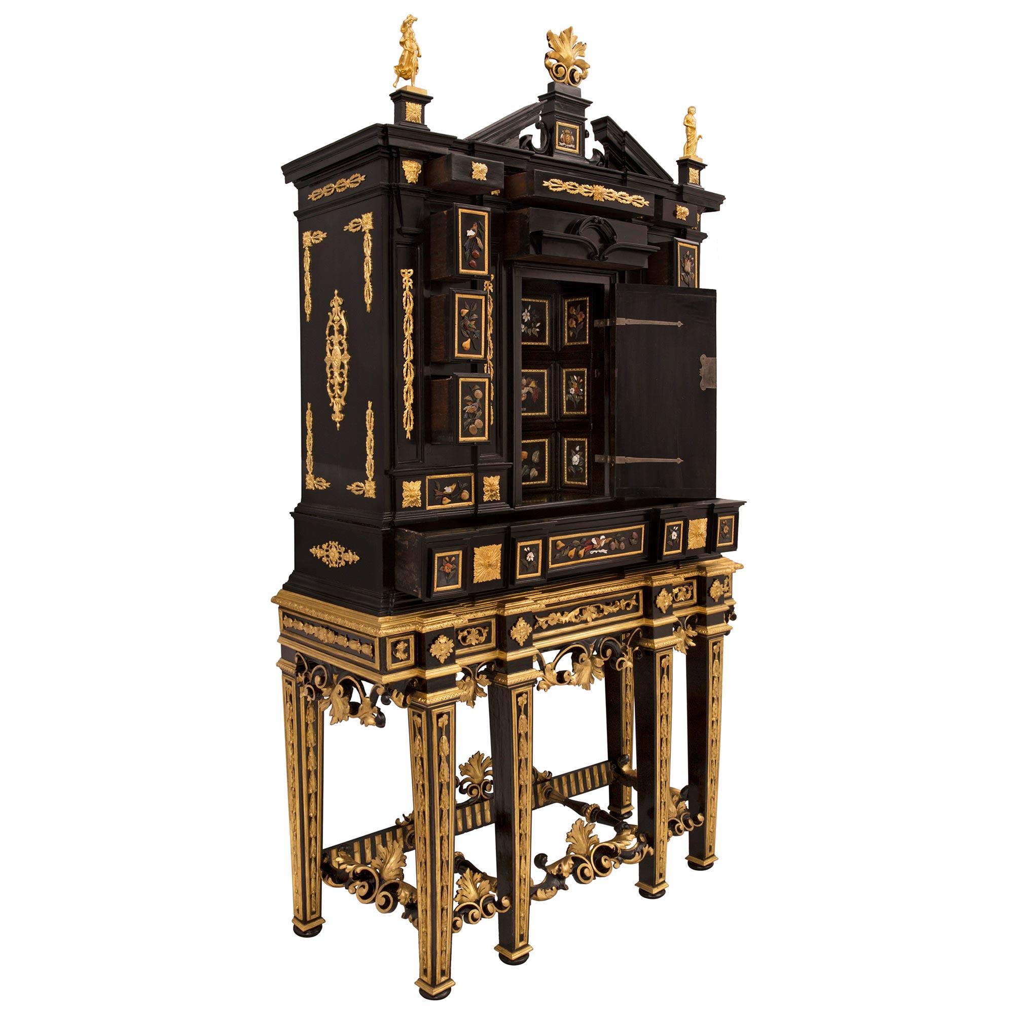 Ebonized Italian 19th Century Baroque St. Semi Precious And Hard Stone Florentine Cabinet For Sale