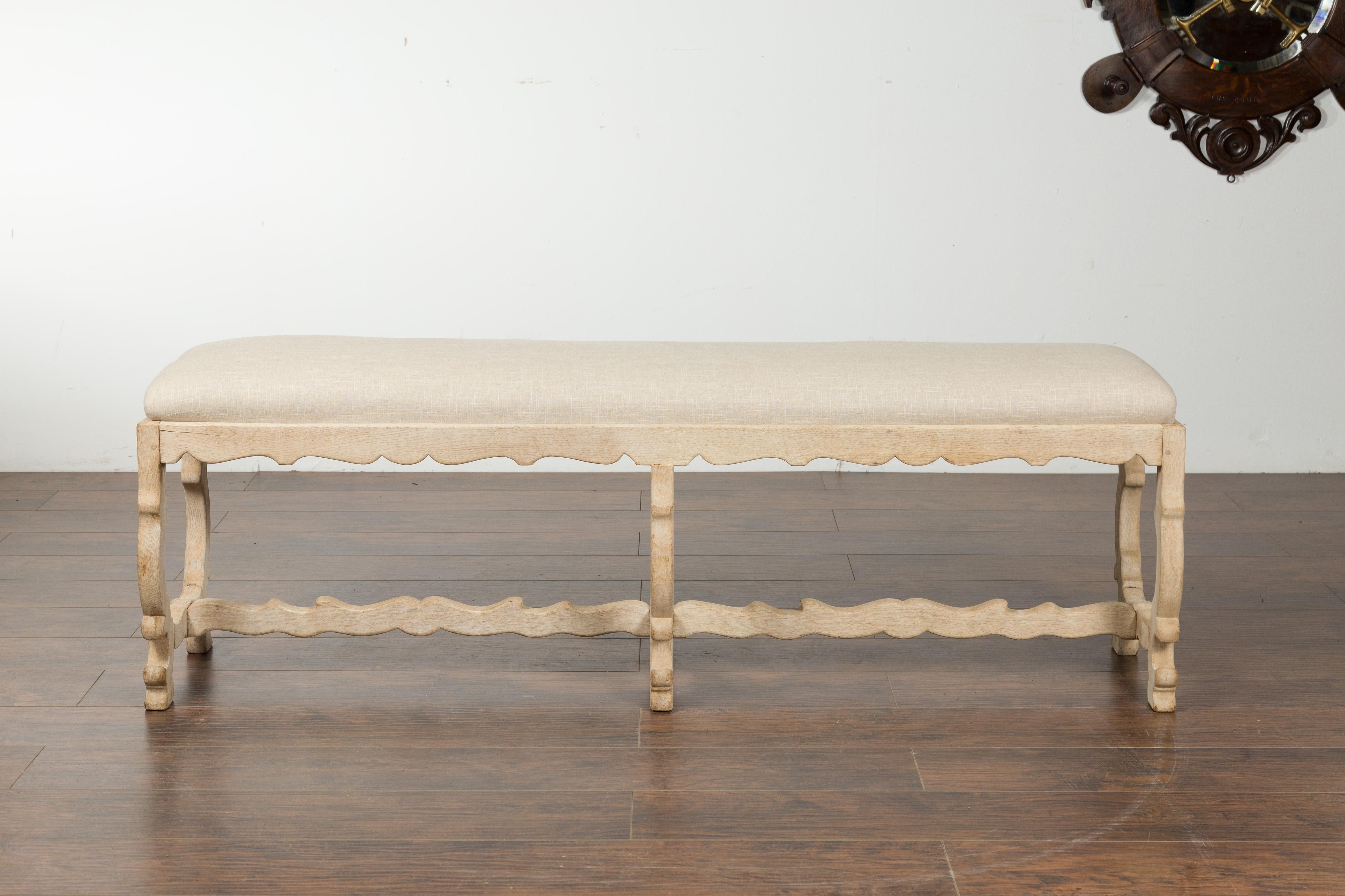 Italian 19th Century Baroque Style Bleached Oak Lyre Bench with New Upholstery 9