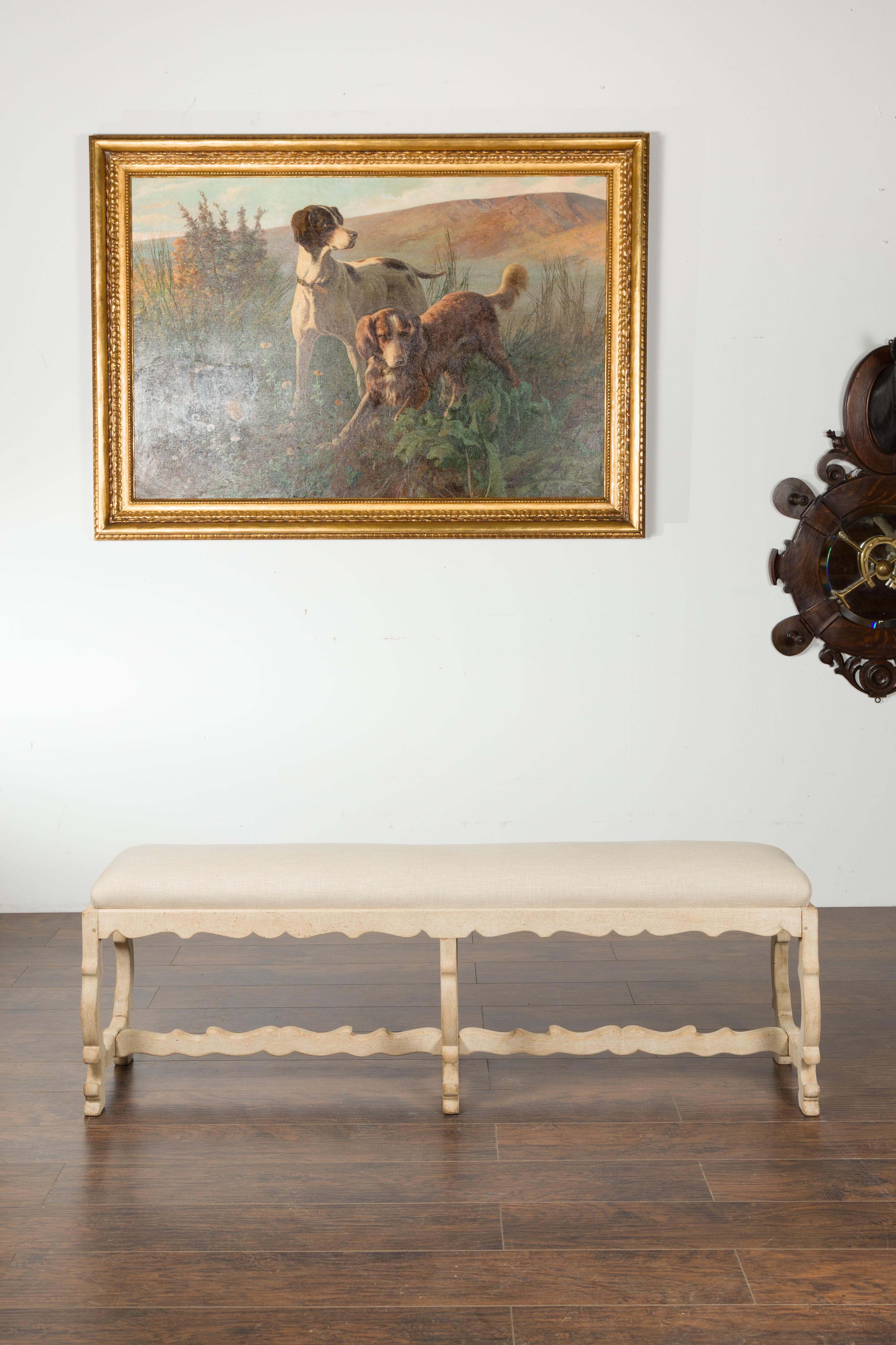 Italian 19th Century Baroque Style Bleached Oak Lyre Bench with New Upholstery In Good Condition In Atlanta, GA