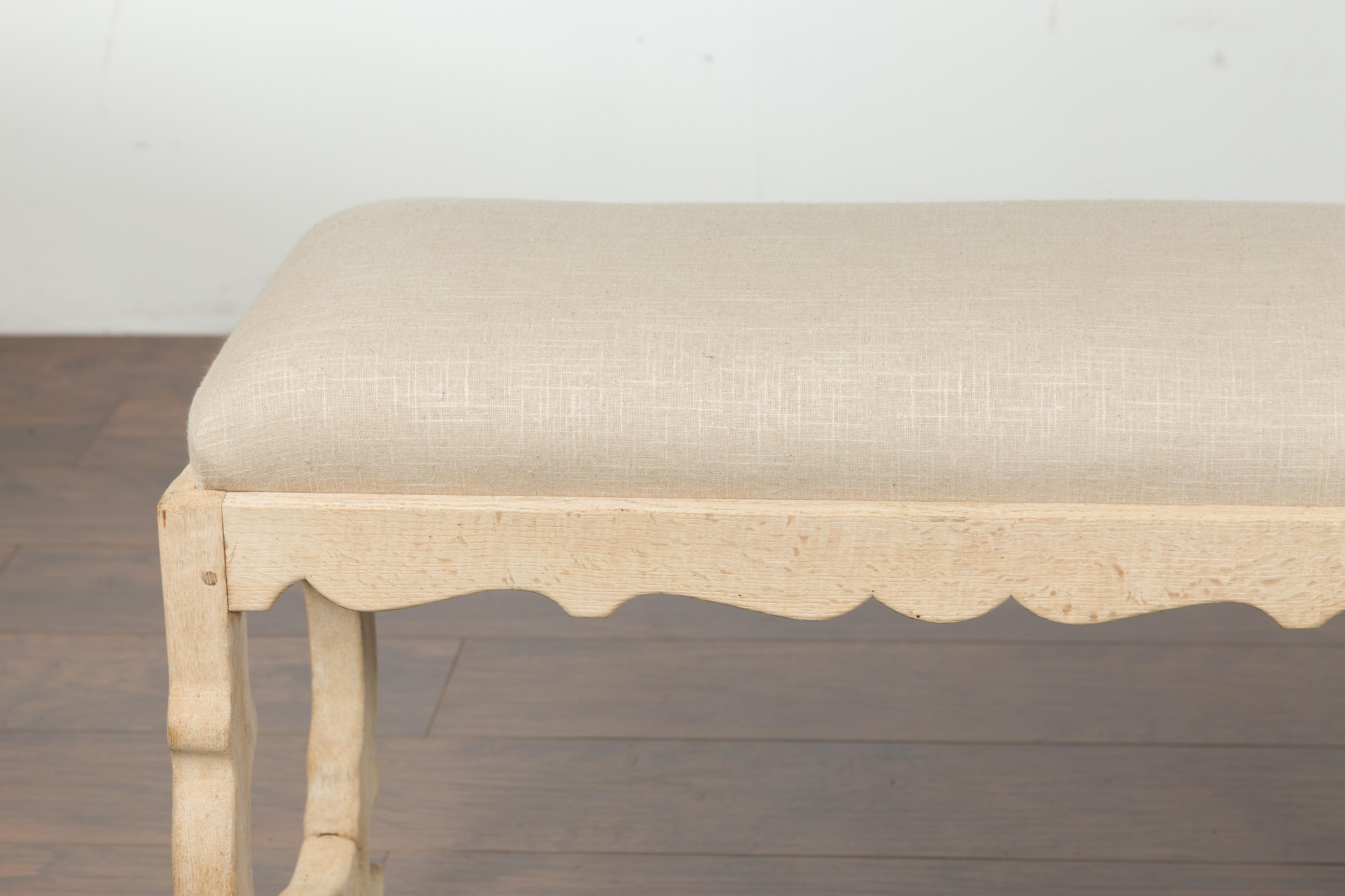 Italian 19th Century Baroque Style Bleached Oak Lyre Bench with New Upholstery 1
