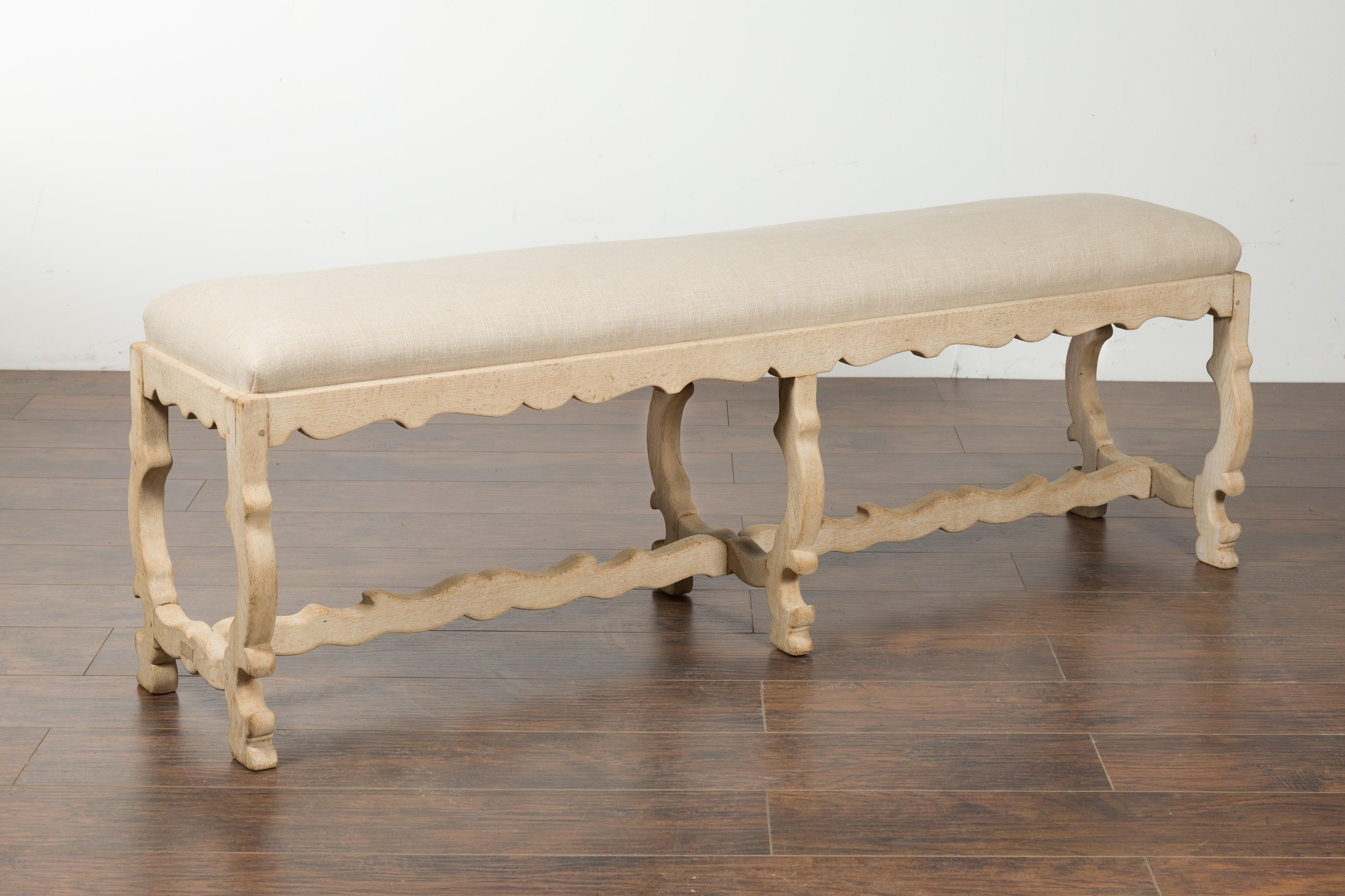 Italian 19th Century Baroque Style Bleached Oak Lyre Bench with New Upholstery 6