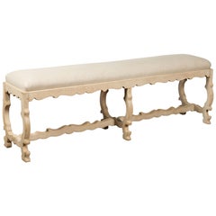 Italian 19th Century Baroque Style Bleached Oak Lyre Bench with New Upholstery