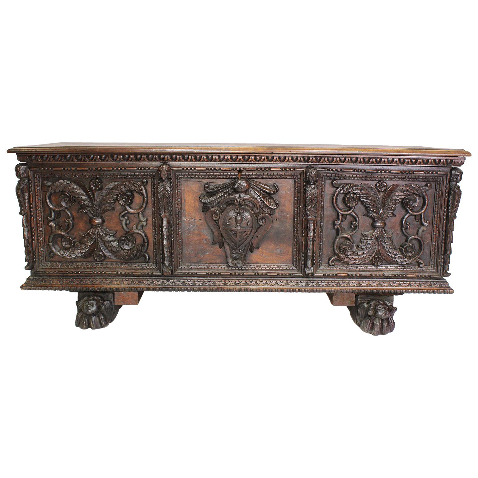 Italian 19th Century Baroque Style Carved Walnut Figural Cassone Chest-Trunk For Sale