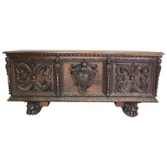 Antique Italian 19th Century Baroque Style Carved Walnut Figural Cassone Chest-Trunk