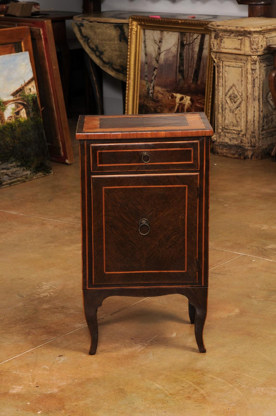 Italian 19th Century Bedside Table with Inlaid Décor, Single Drawer and Door For Sale 5