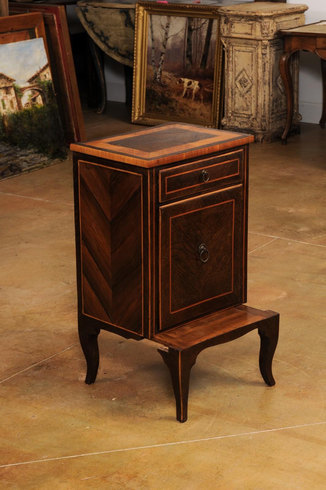 Italian 19th Century Bedside Table with Inlaid Décor, Single Drawer and Door For Sale 6