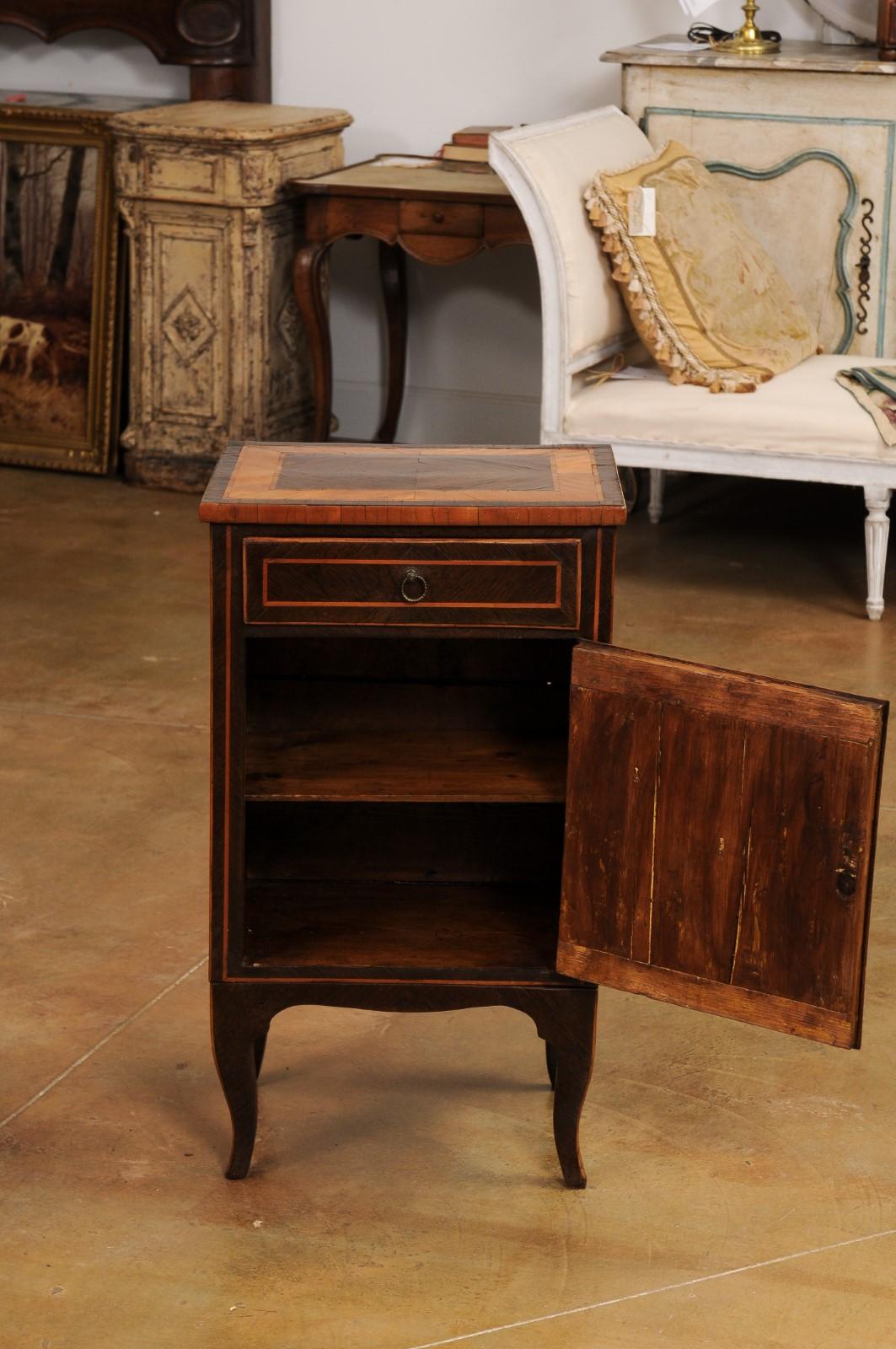 Italian 19th Century Bedside Table with Inlaid Décor, Single Drawer and Door For Sale 7