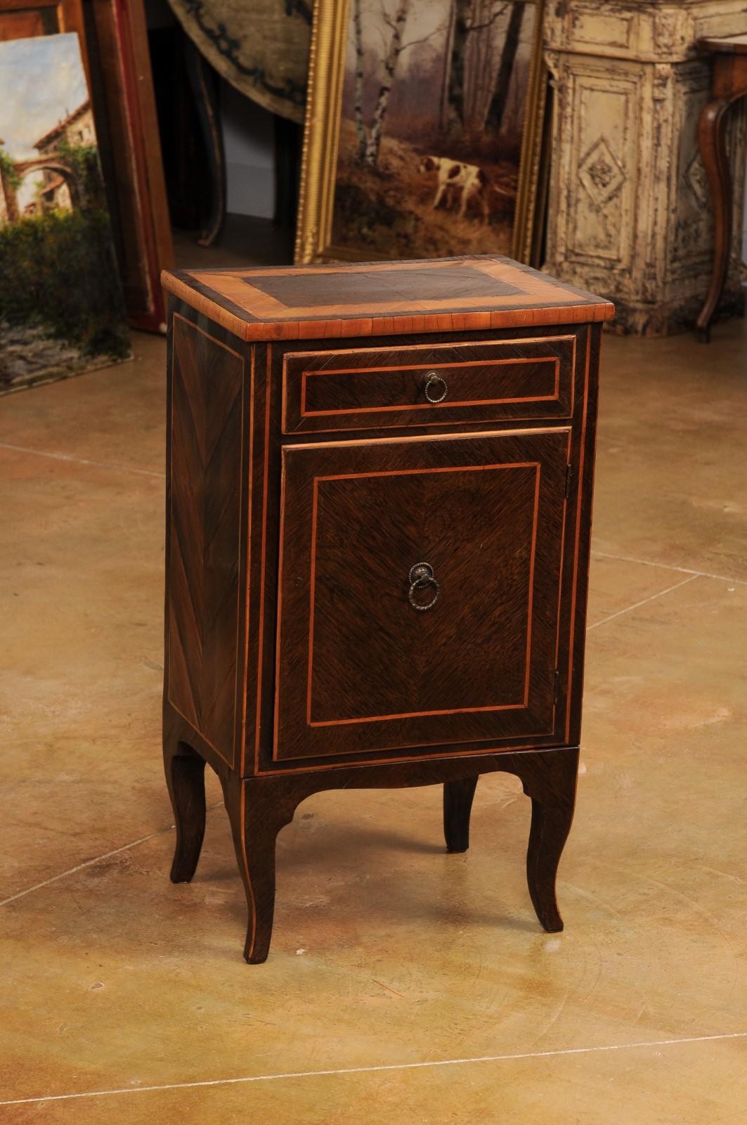 Inlay Italian 19th Century Bedside Table with Inlaid Décor, Single Drawer and Door For Sale