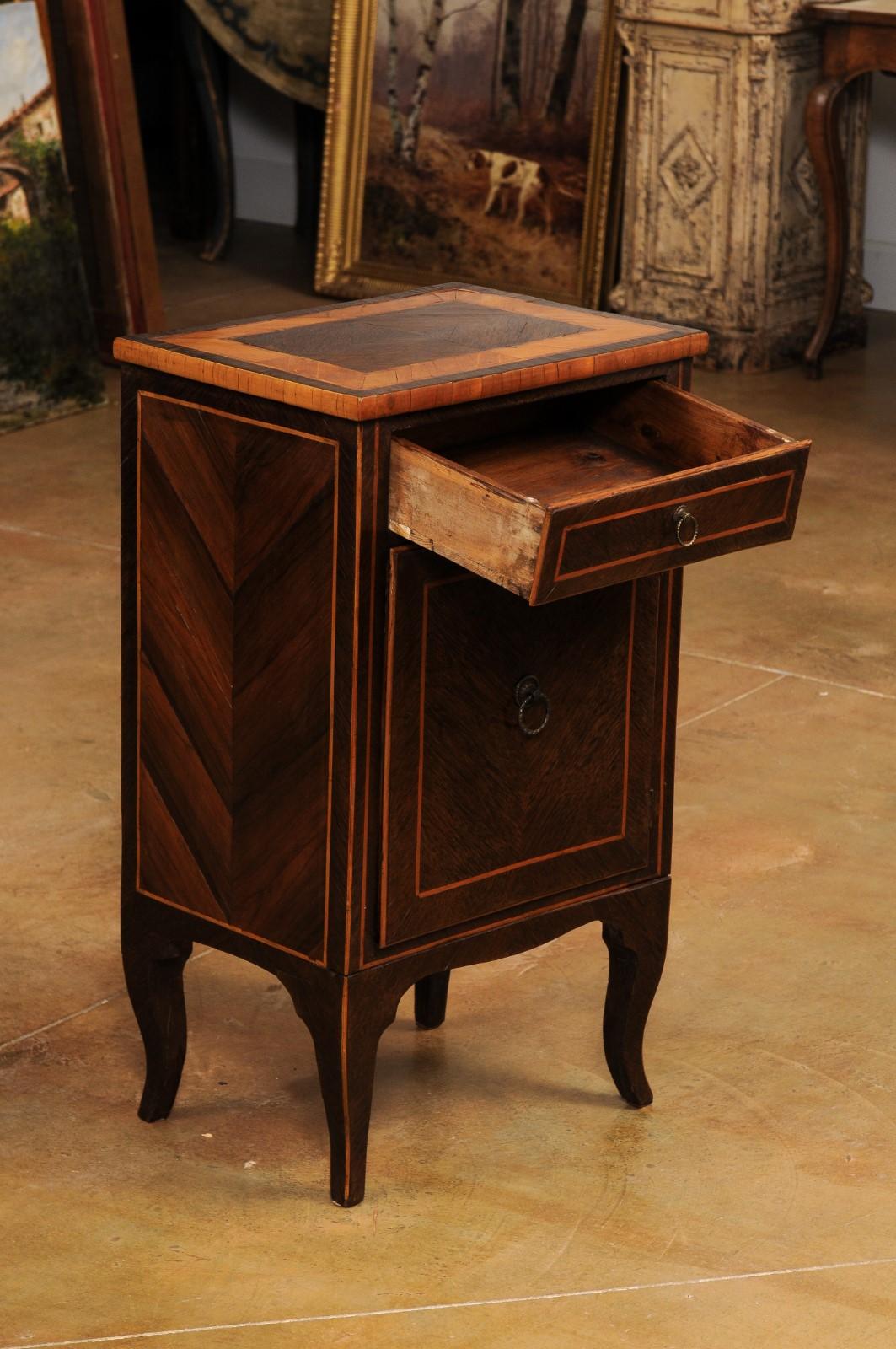 Italian 19th Century Bedside Table with Inlaid Décor, Single Drawer and Door In Good Condition For Sale In Atlanta, GA