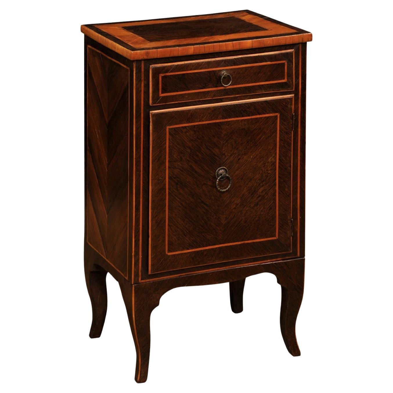 Italian 19th Century Bedside Table with Inlaid Décor, Single Drawer and Door For Sale