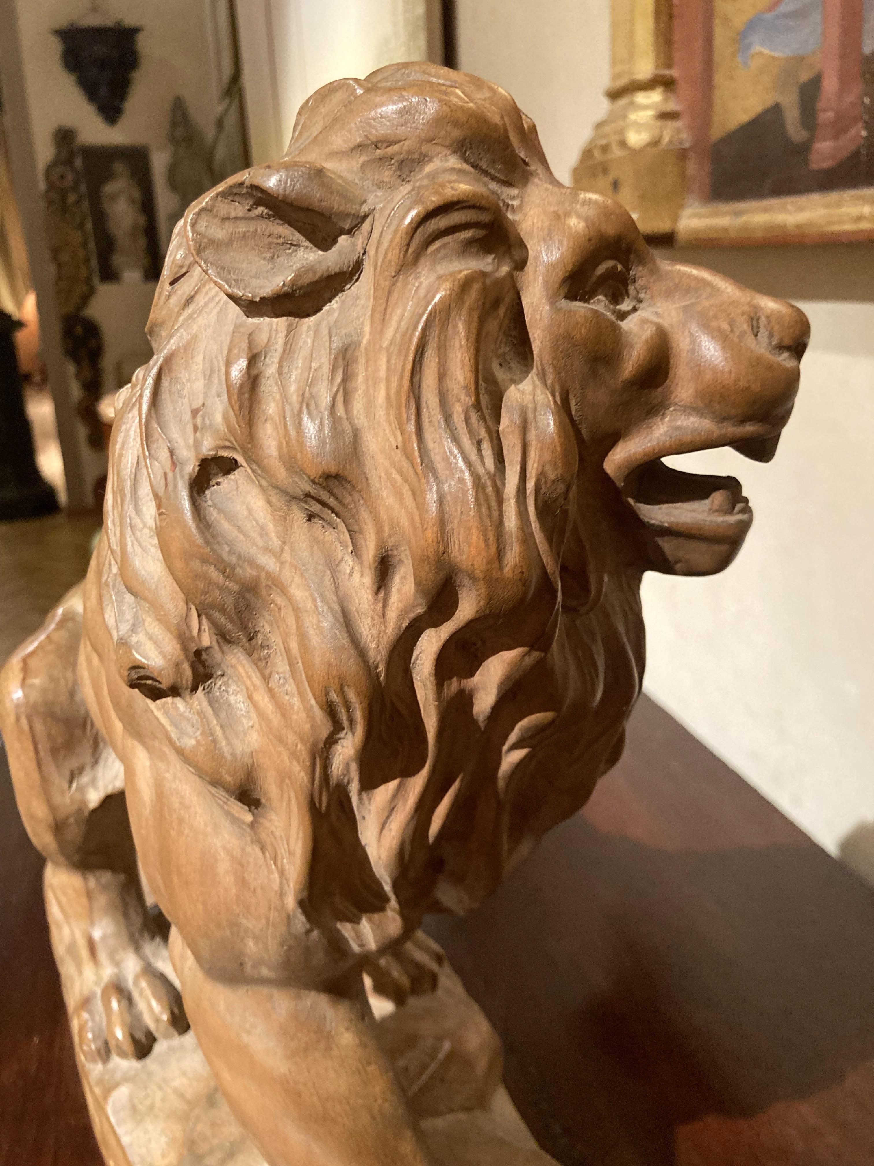Italian 19th Century Big Scale Hand Carved Table Top Wood Lion Sculpture For Sale 13