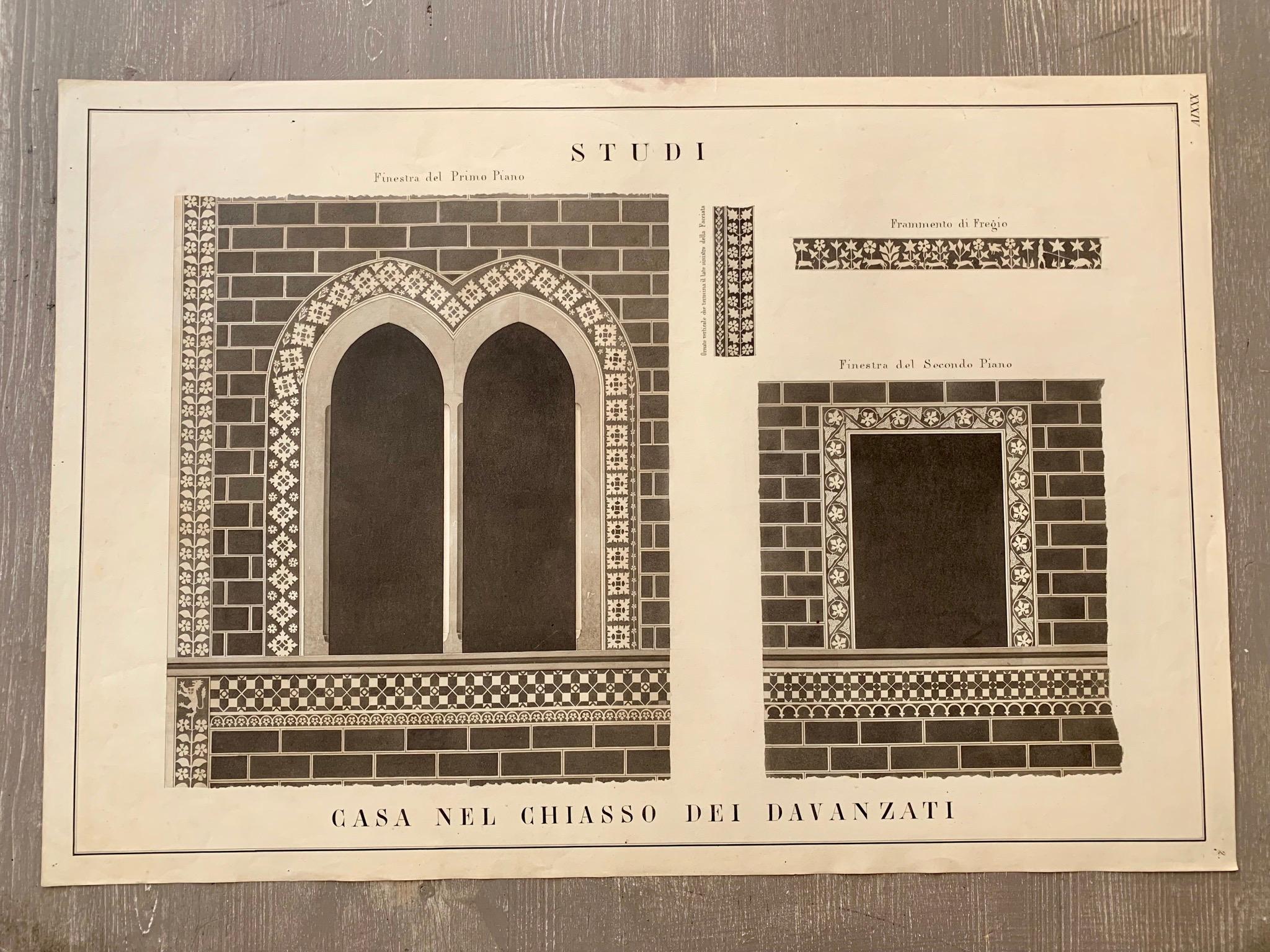 Rare extra-large (cm 59 x 85) antique watercolor from a collection of architectural details of Florence monuments painted in Italy in the mid-19th century.
Black mat with gold hand painted band and handcrafted black and gold leaf frame.
These