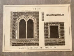 Italian 19th Century Big Size Architectural Watercolor with Black Gold Frame