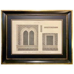 Acquerello architettonico italiano del XIX secolo di grandi dimensioni con cornice in oro nero