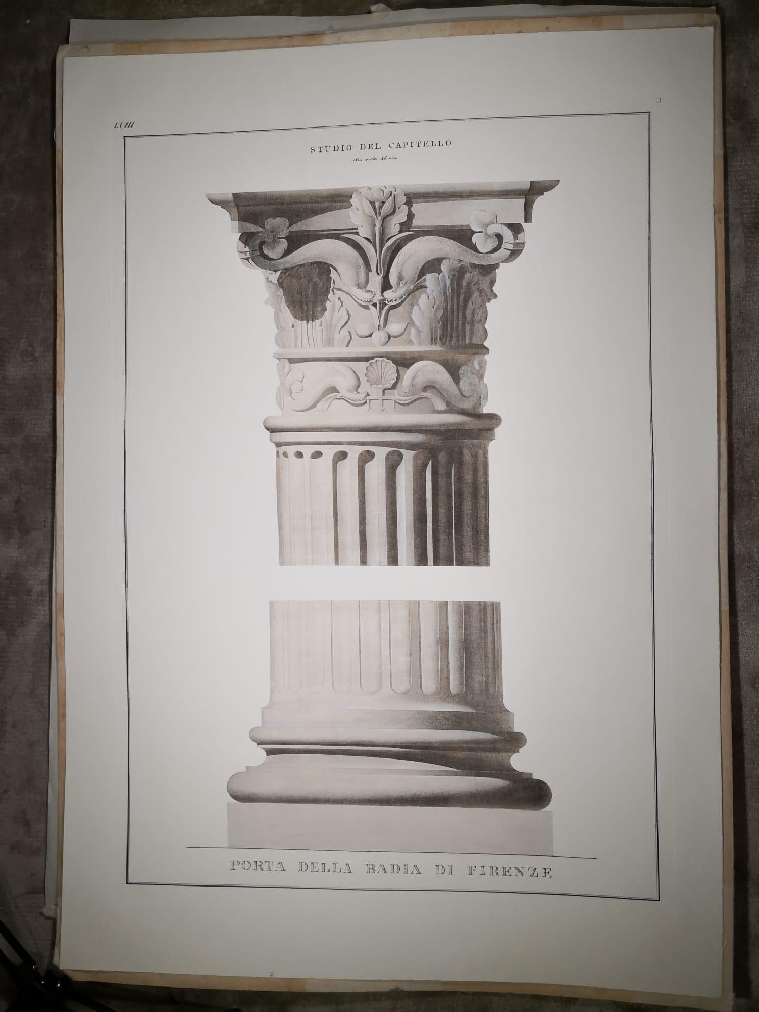 A rare extra-large print, printed on engraving paper with an antique star press and watercolored by hand representing an antique capital. The capital's from a collection of architectural details of Florence's monuments painted in Italy in the middle