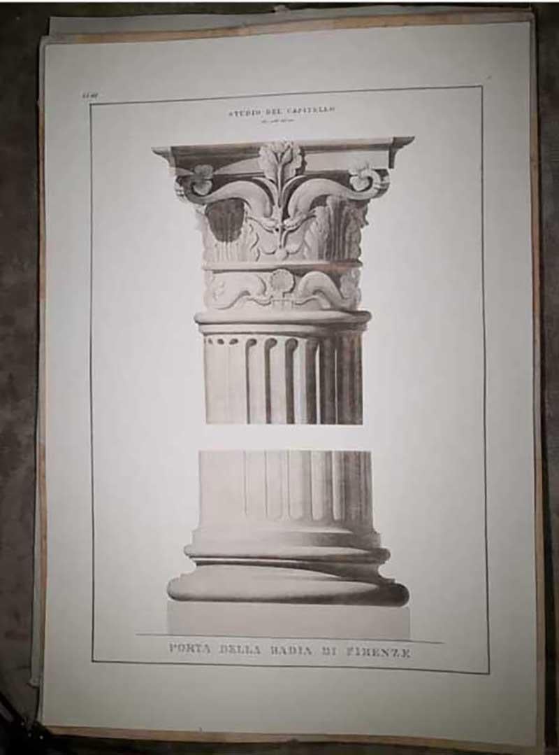 Ein seltener extragroßer Reproduktionsdruck, gedruckt auf Gravurpapier mit einer antiken Sternpresse und von Hand aquarelliert, der eine antike Hauptstadt darstellt. Das Kapital stammt aus einer Sammlung von architektonischen Details der Monumente