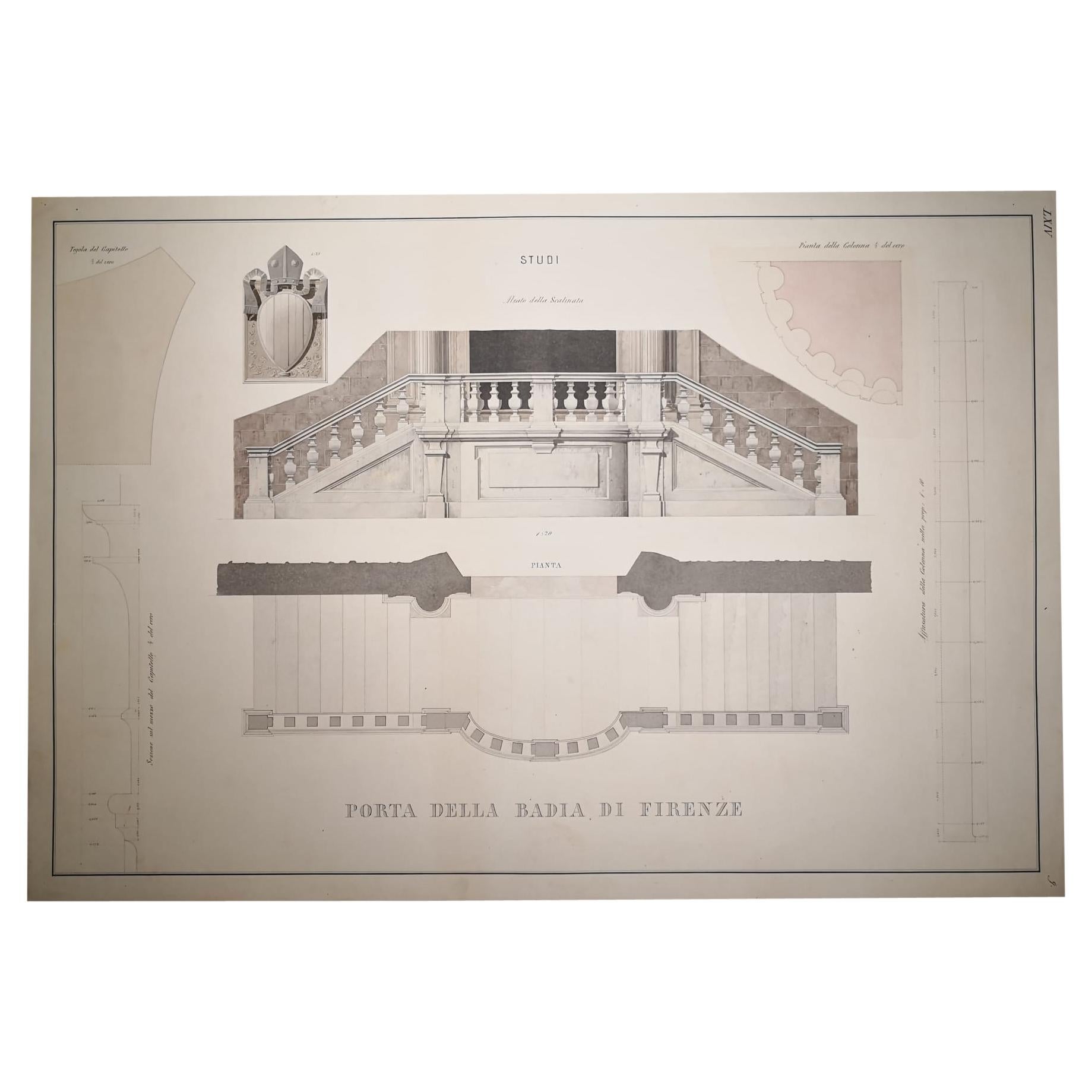 Stampa architettonica italiana del XIX secolo di grandi dimensioni di Firenze colorata a mano