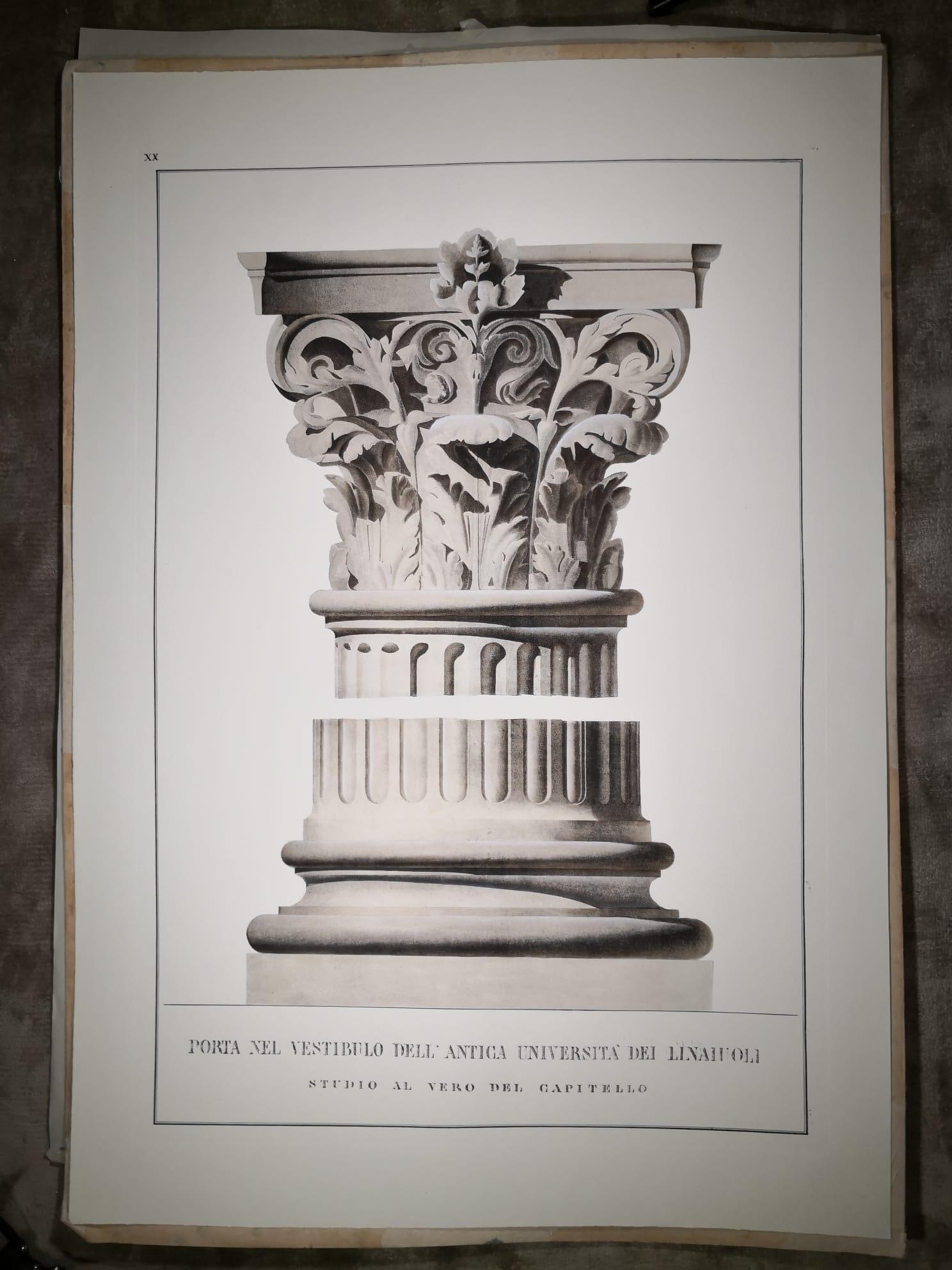 A rare extra-large print, printed on engraving paper with an antique star press and watercoloured by hand representing an antique capital. The capital's from a collection of architectural details of Florence's monuments painted in Italy in the