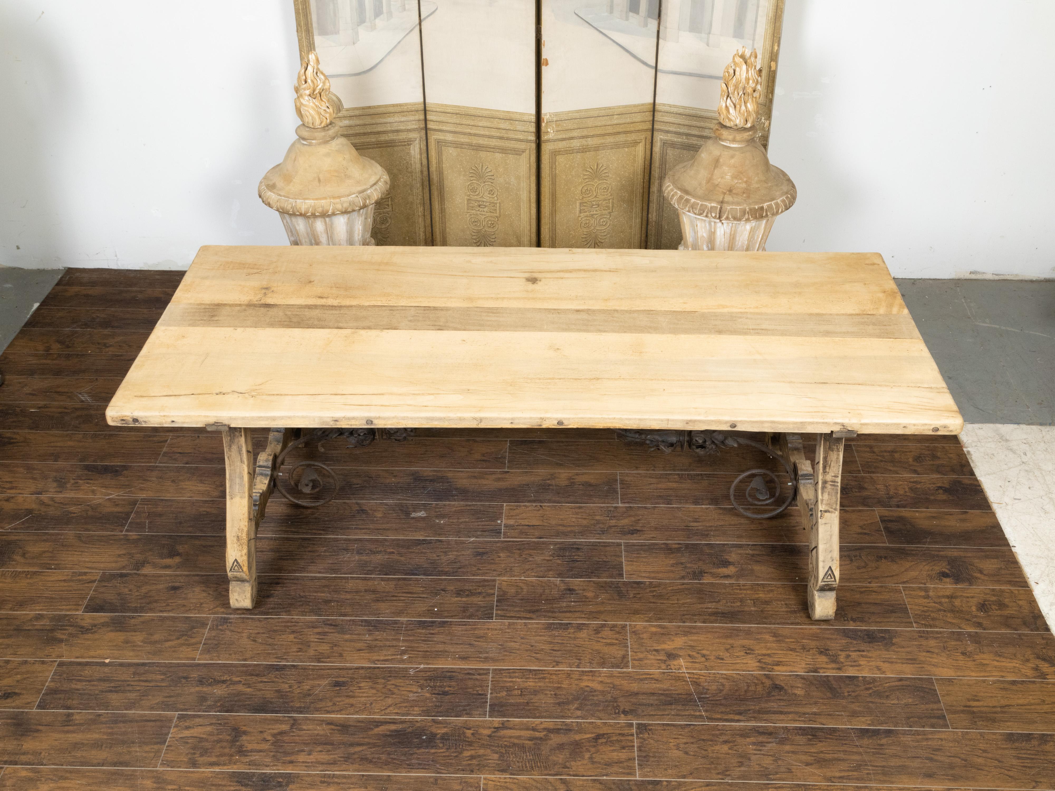 Iron Italian 19th Century Bleached Oak Farm Table with Baroque Style Carved Base For Sale