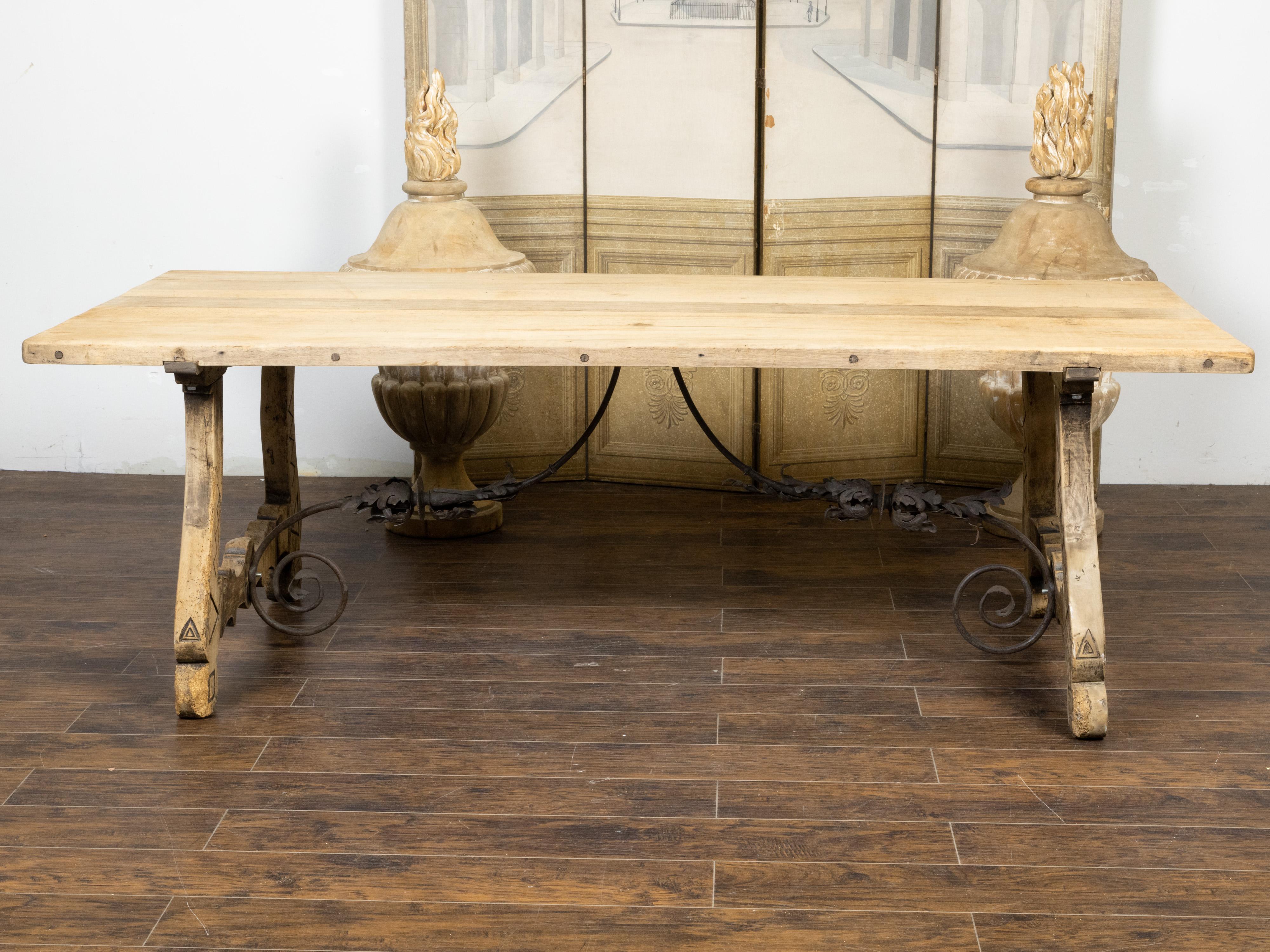 Italian 19th Century Bleached Oak Farm Table with Baroque Style Carved Base For Sale 2