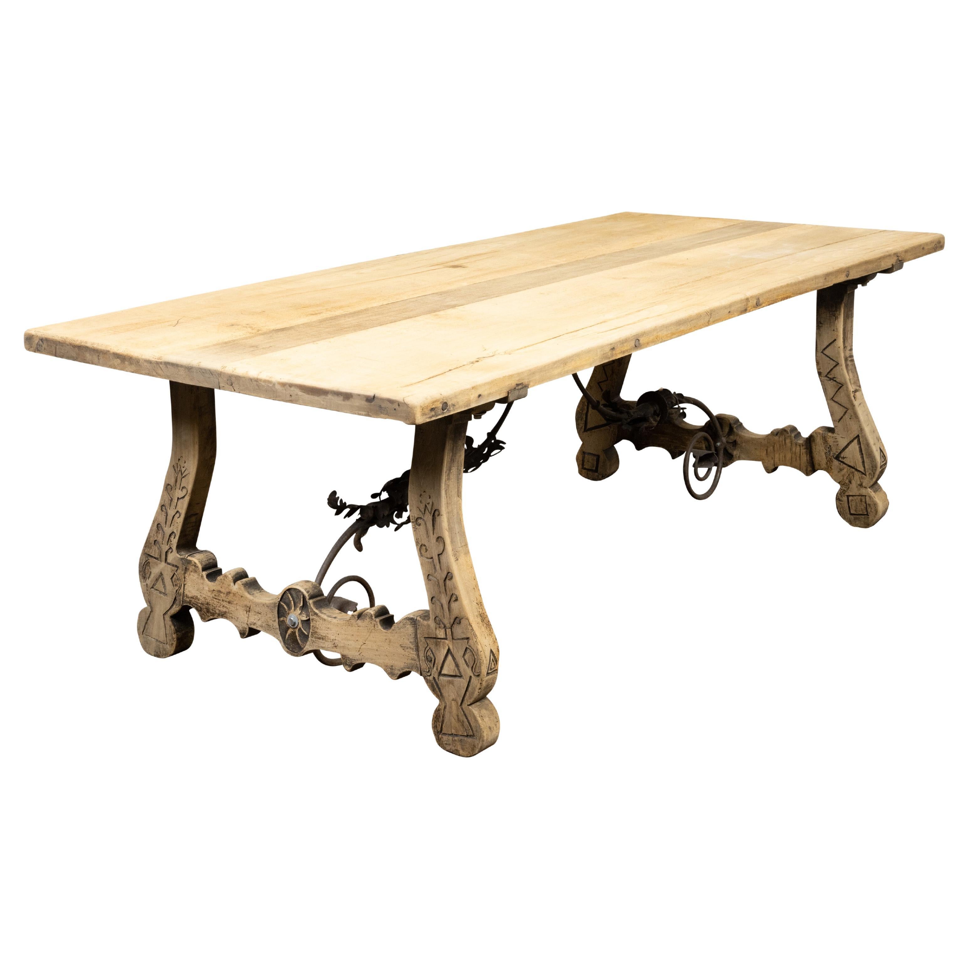 Italian 19th Century Bleached Oak Farm Table with Baroque Style Carved Base For Sale