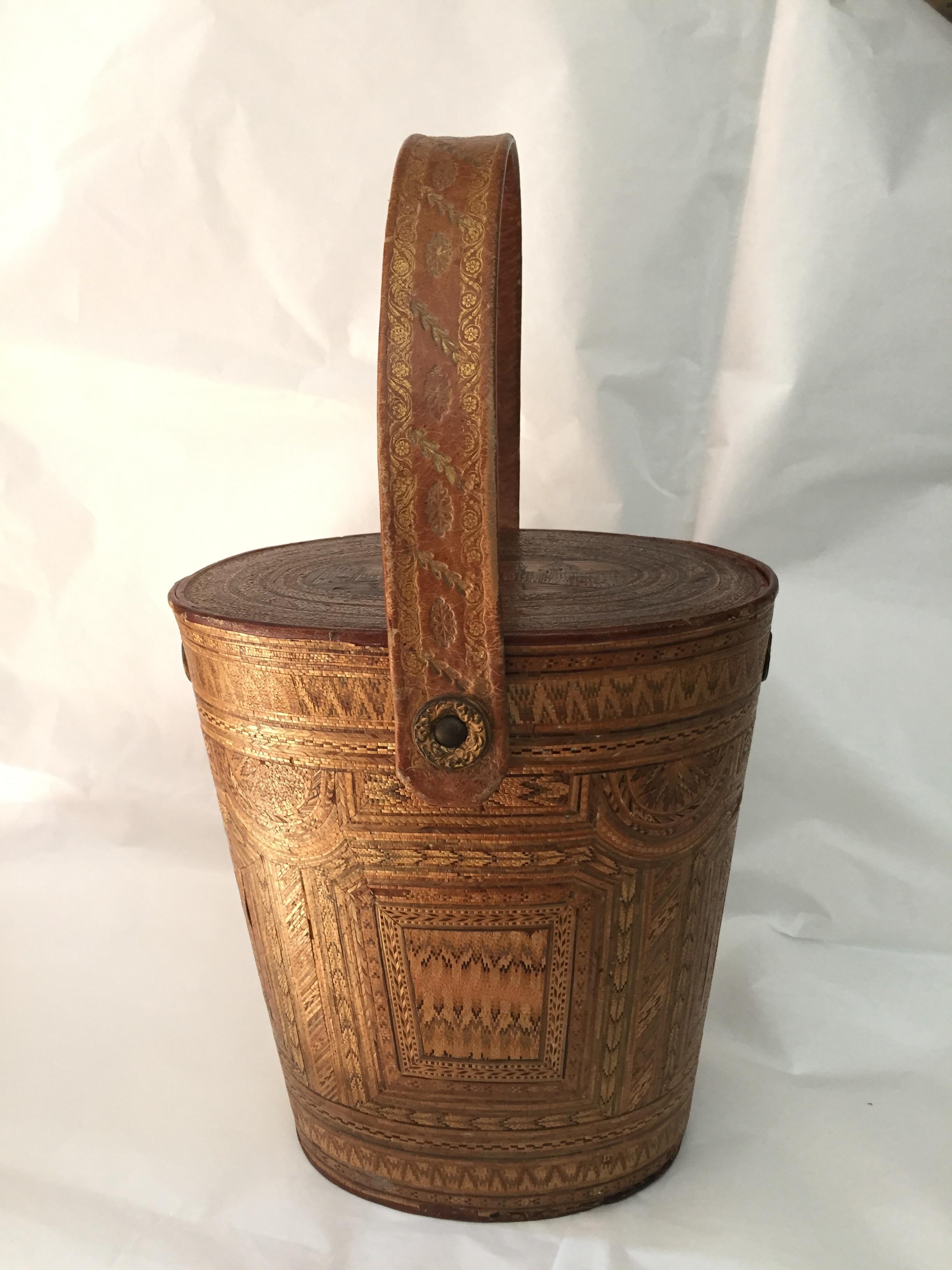 Embossed Italian 19th Century Braided Straw Bag Basket with Marquetry and Leather Handle