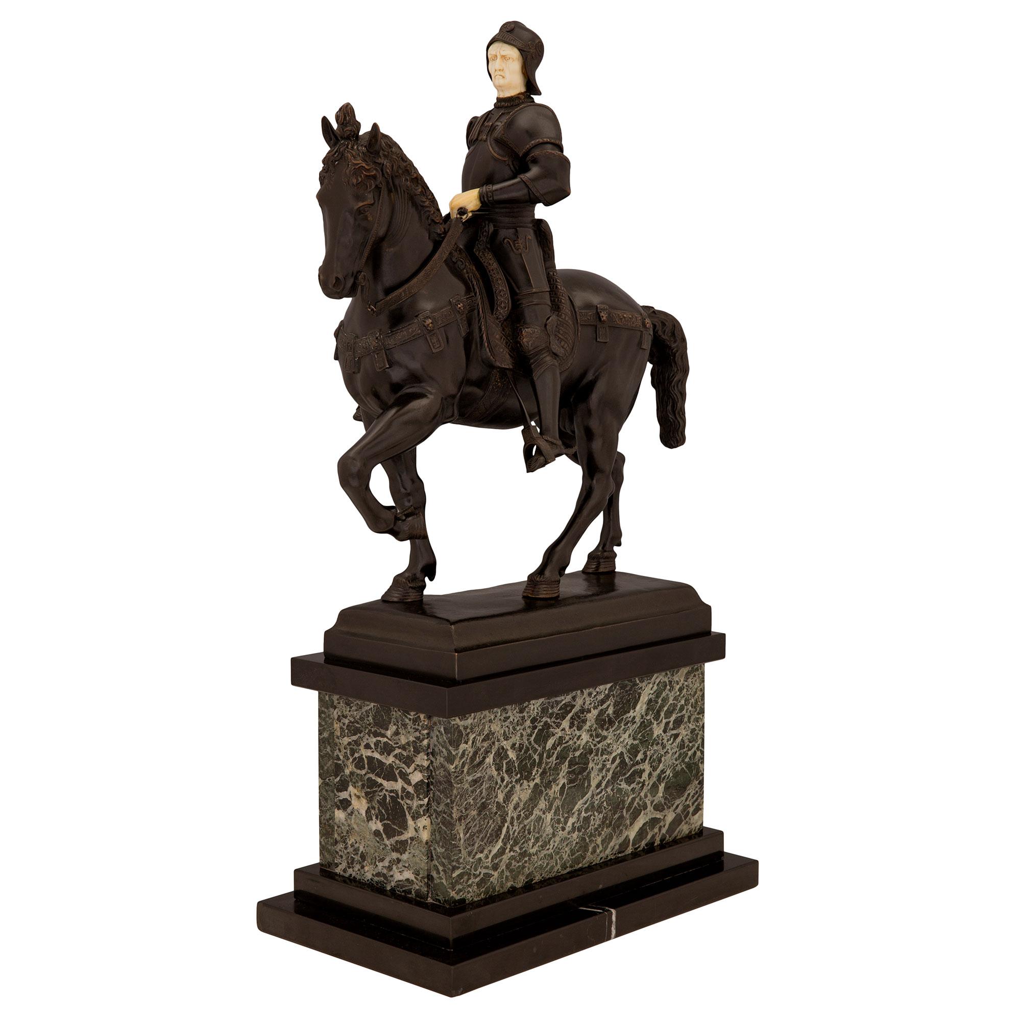 Patinated Italian 19th Century Bronze and Marble Statue of a Nobleman on His Horse For Sale