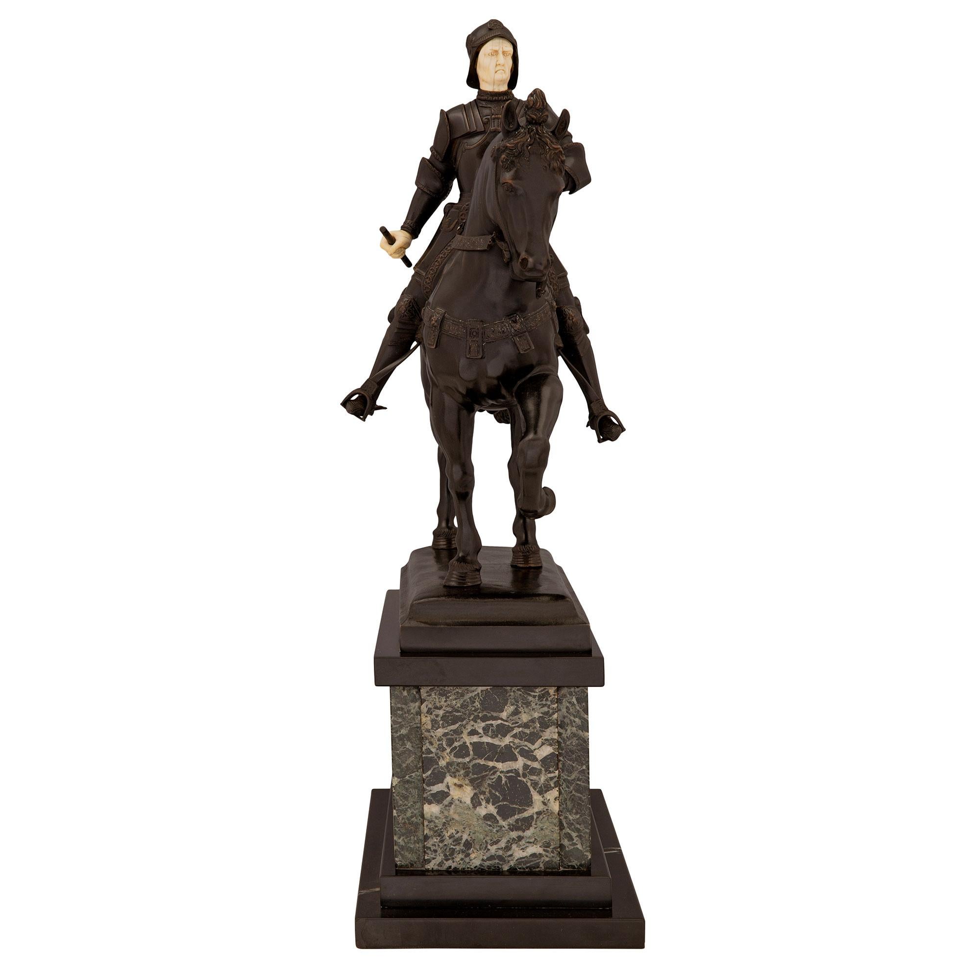 Italian 19th Century Bronze and Marble Statue of a Nobleman on His Horse In Good Condition For Sale In West Palm Beach, FL