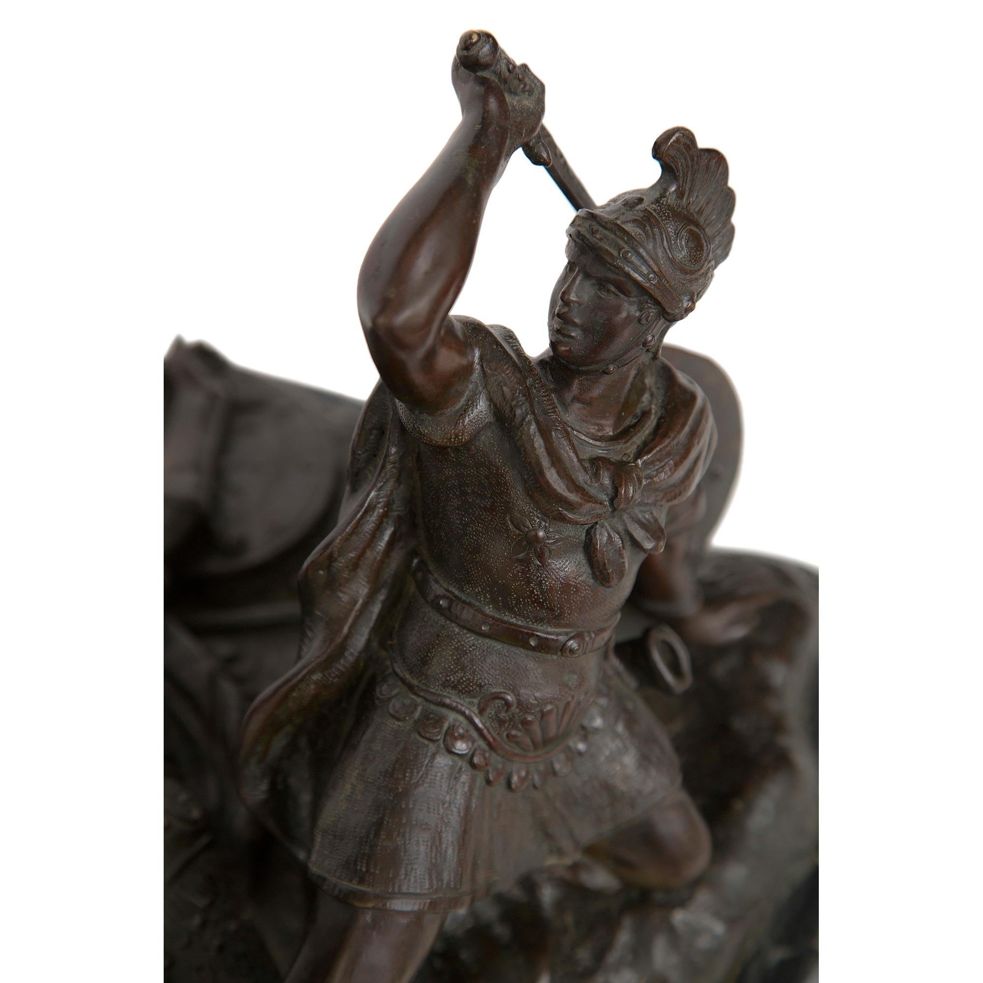 XIX secolo Italian 19th century Bronze and Marble statue of Aeneas, Lausus and Mezentius in vendita