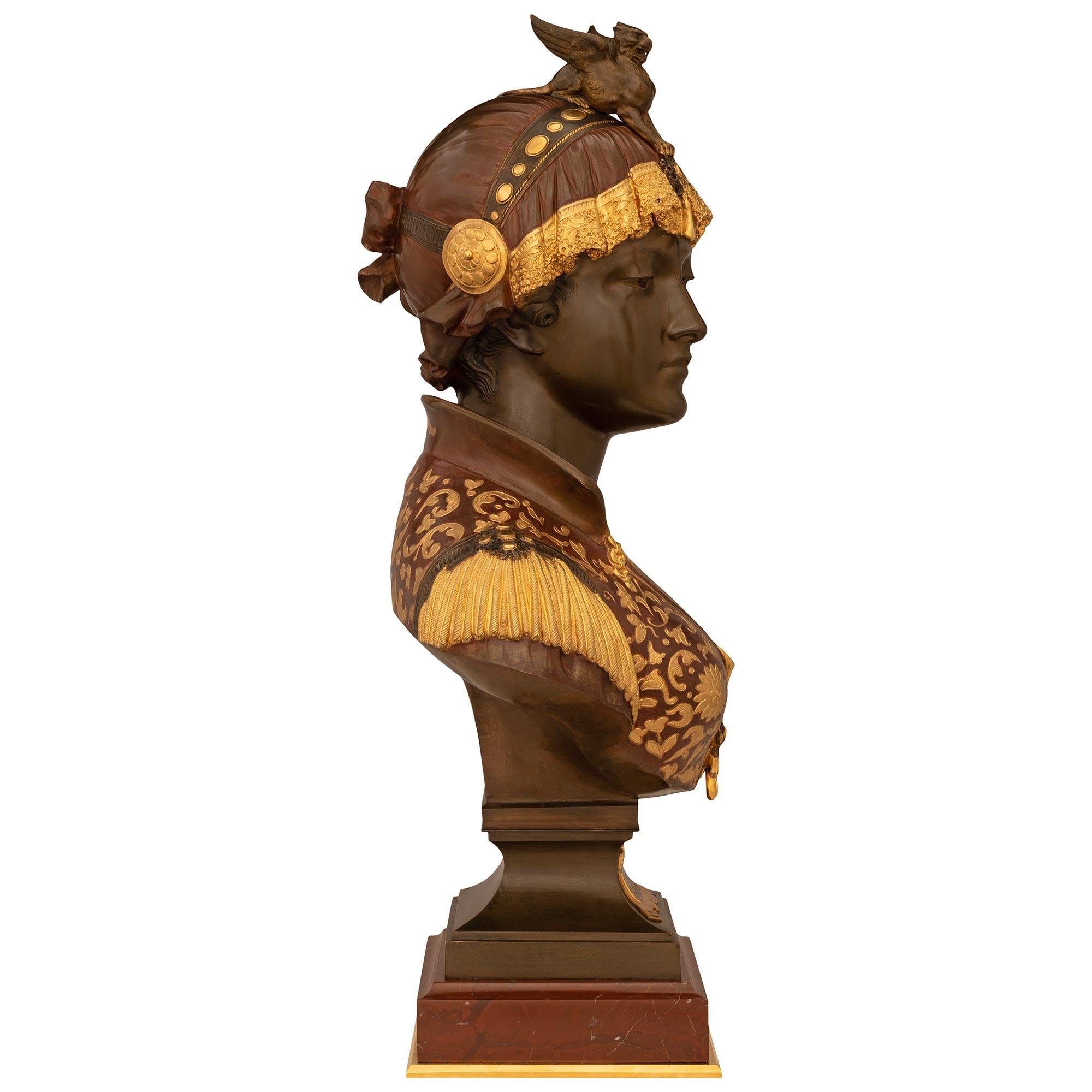 Patinated Italian 19th century Bronze, Ormolu, and Marble statue, signed Ceribelli For Sale