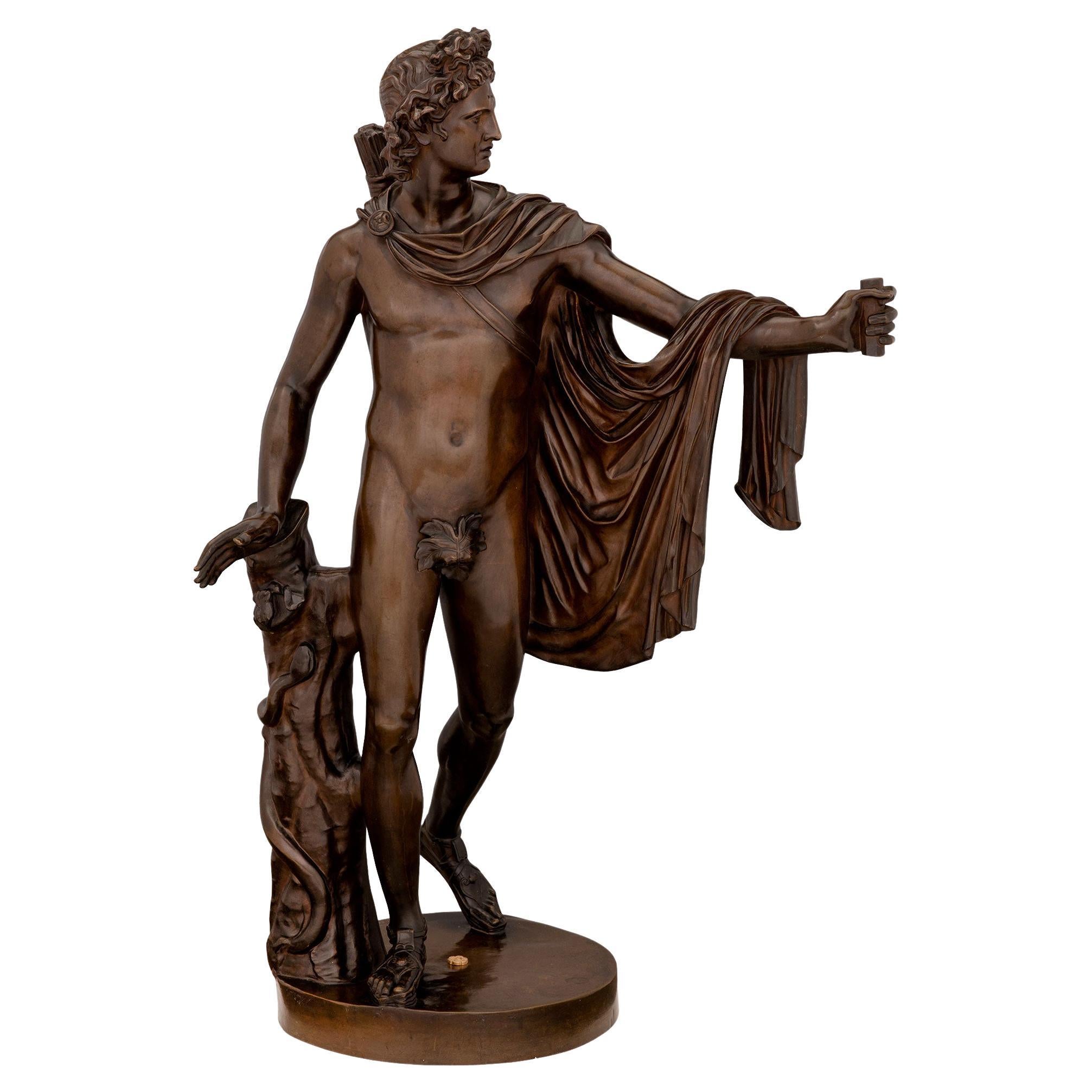 Statue d'Apollon en bronze italienne du XIXe siècle, signée F. Barbedienne Fondeur