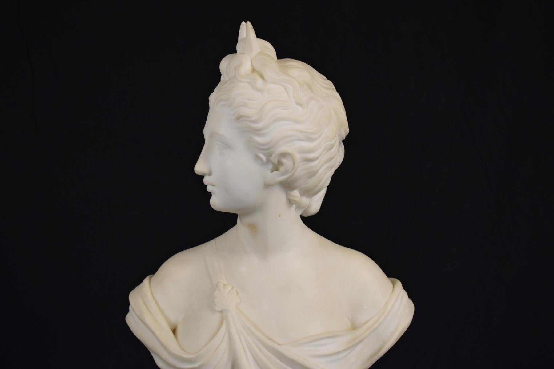 Carved Italian 19th Century Bust of Diana White Marble Neoclassical Style