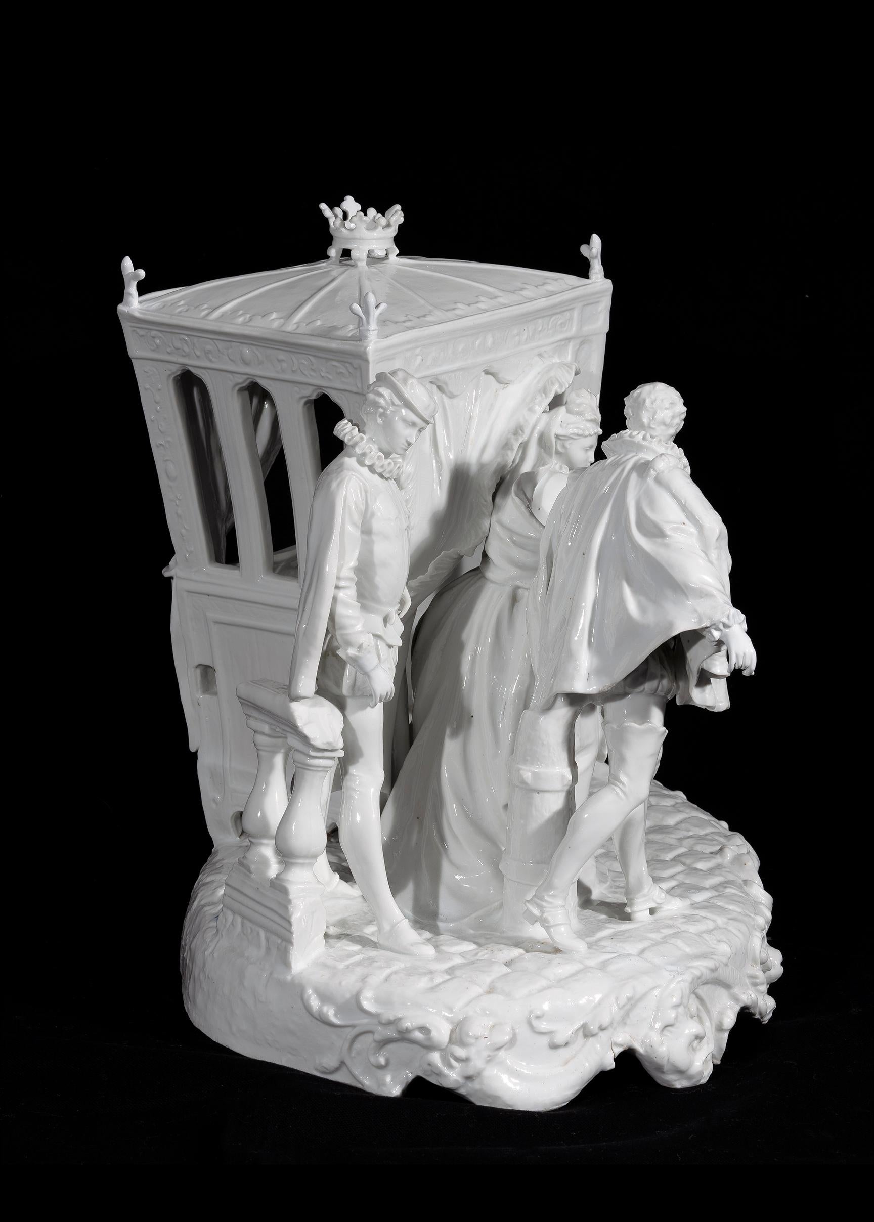 Neoclassical Revival Italian 19th Century Capodimonte Porcelain Full-Relief Gallant Scene For Sale