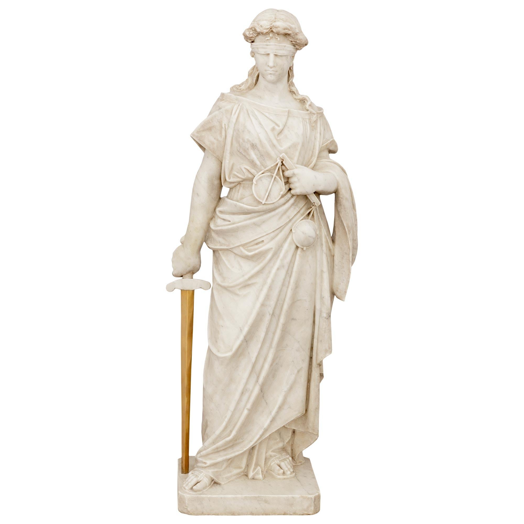 Italian 19th century Carrara marble and Ormolu statue of Lady Justice For Sale